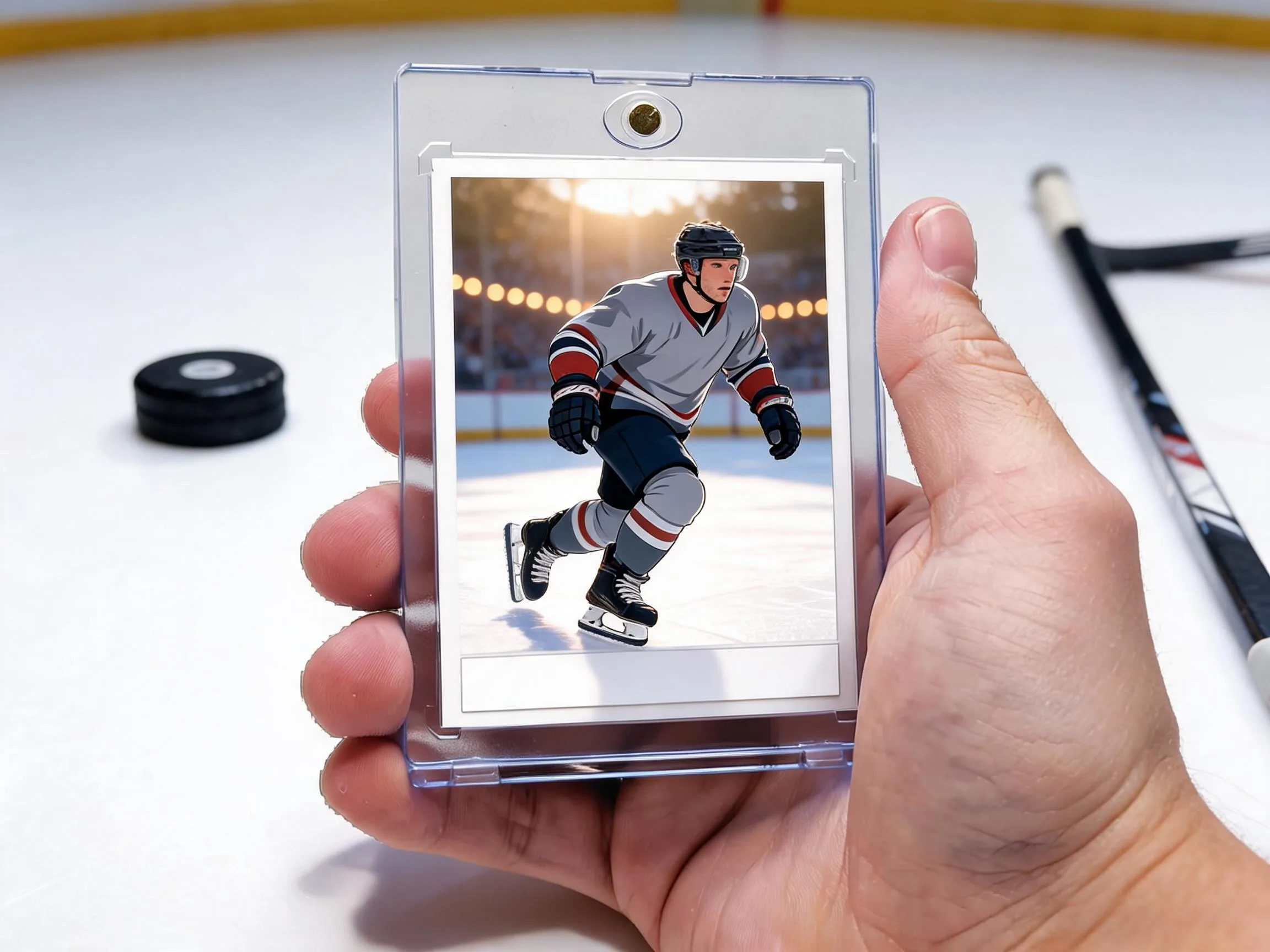 Custom hockey trading card in clear magnetic case on white tabletop
