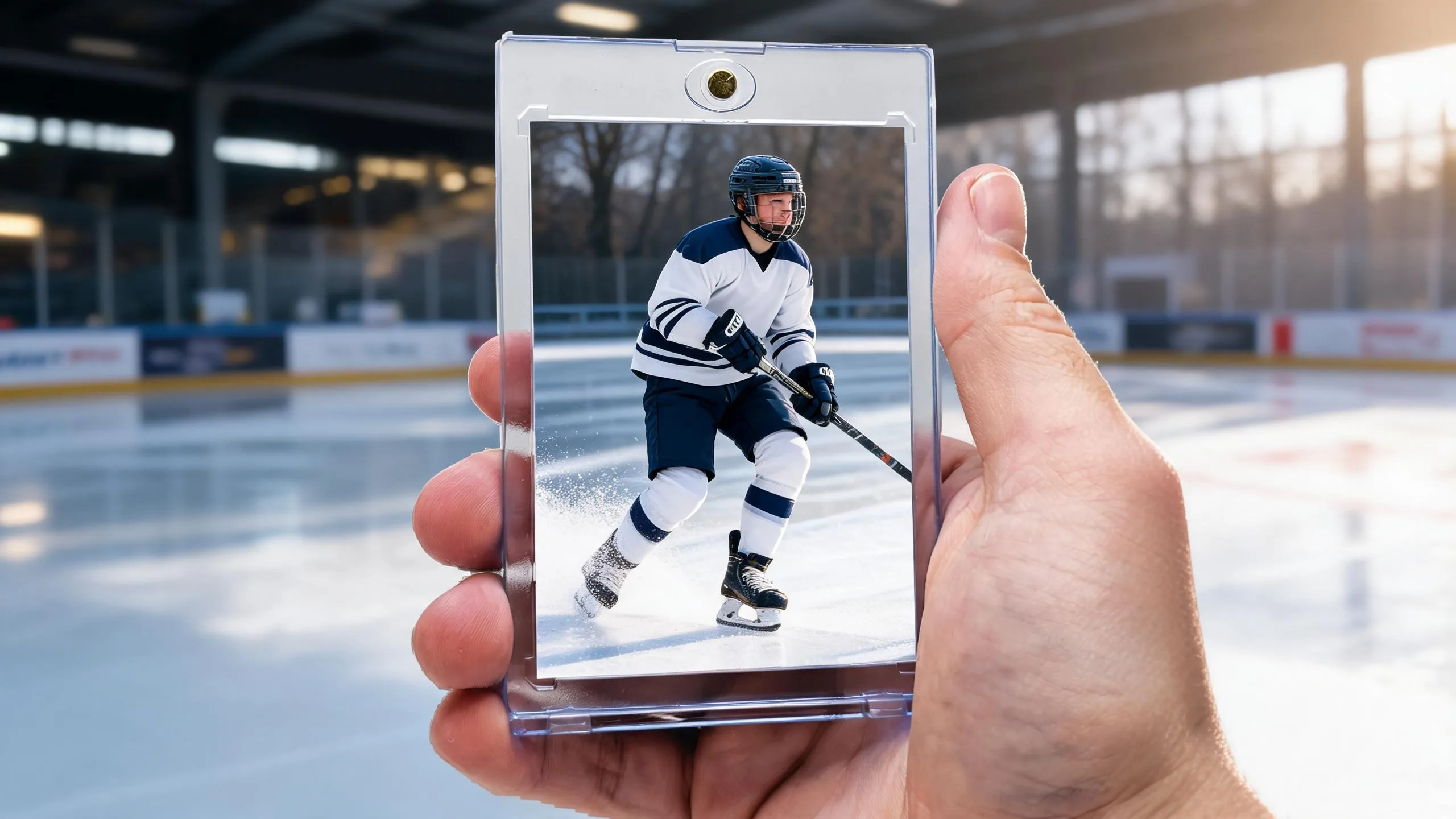 Hand holding hockey card maker magnetic case with sunlit outdoor action card design.