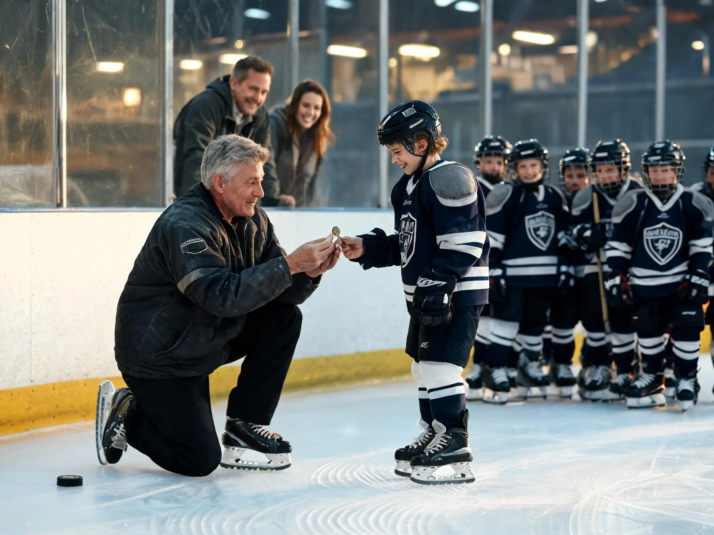 Coach and young hockey player share a proud emotional rinkside moment together.