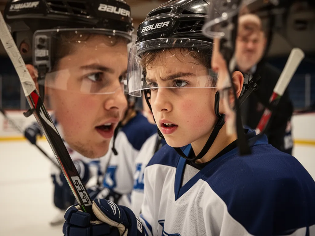 Young hockey player's determined expression during game with supportive teammates and coach nearby