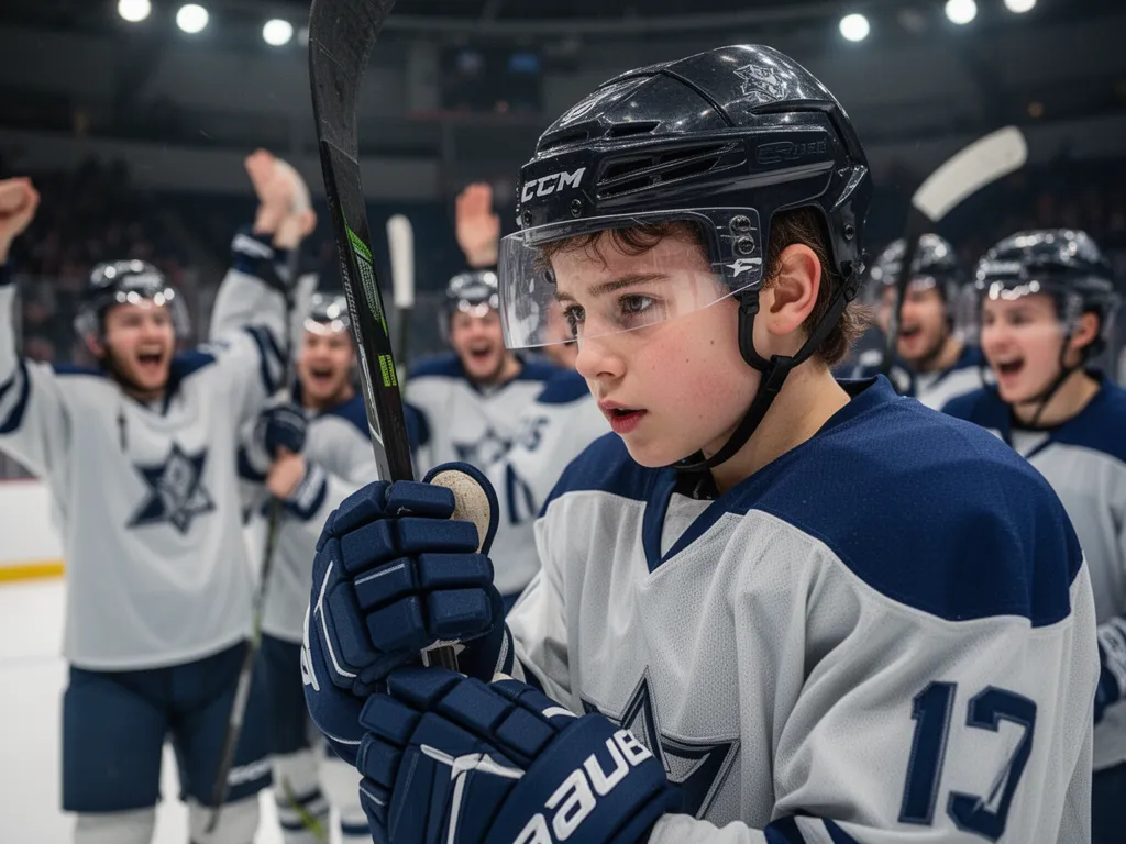 Young hockey player with focused expression holding stick amid celebrating teammates background