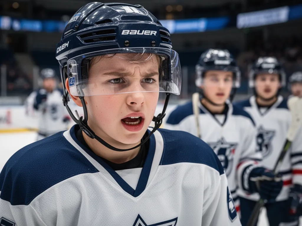 Young hockey athlete displaying determined expression during tournament competition with teammates visible in soft focus