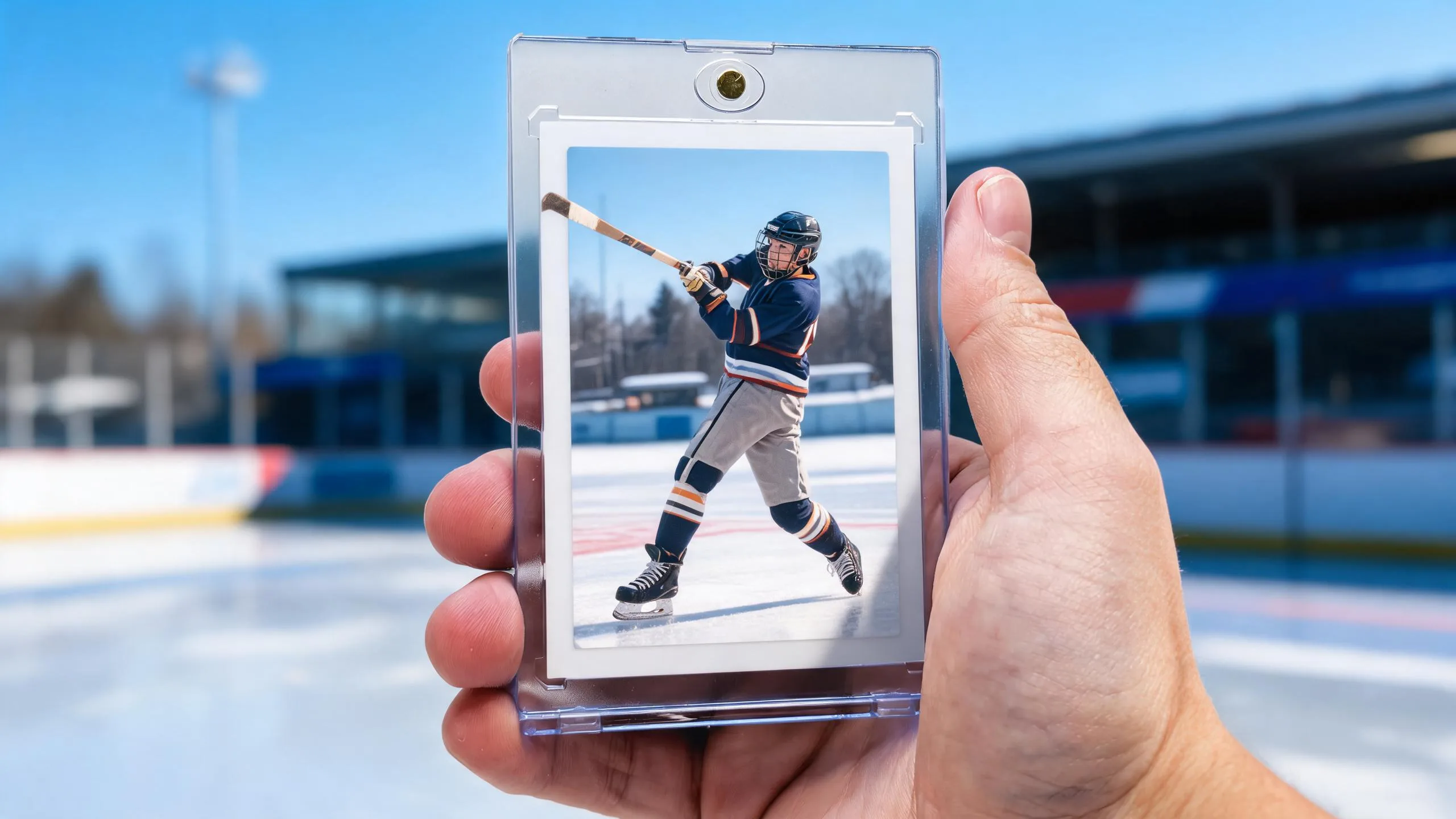 Hand holds magnetic case with custom card for hockey tournament in Minnesota this weekend outdoors.