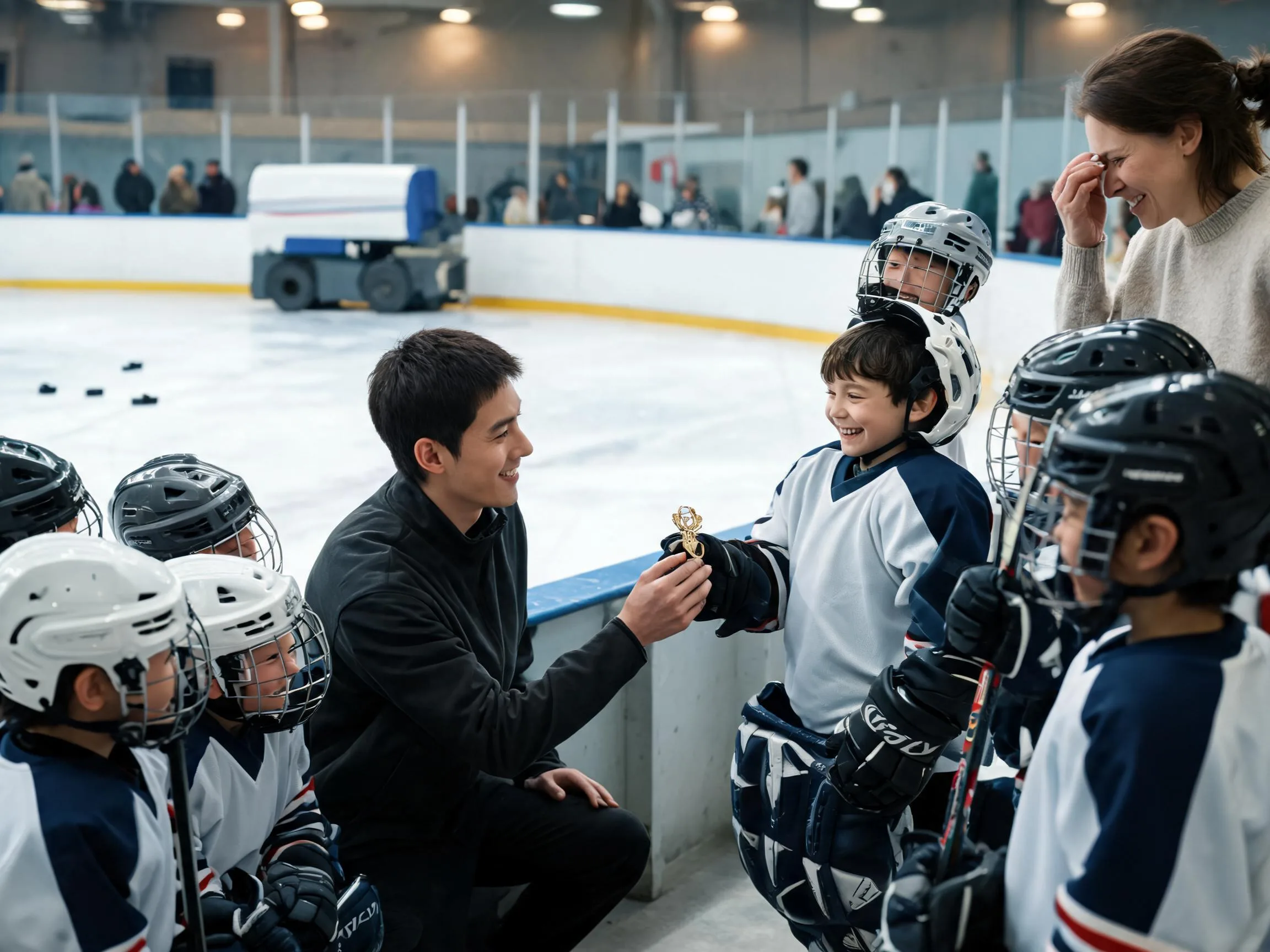 Coach and young hockey player share proud celebration moment beside an ice rink.