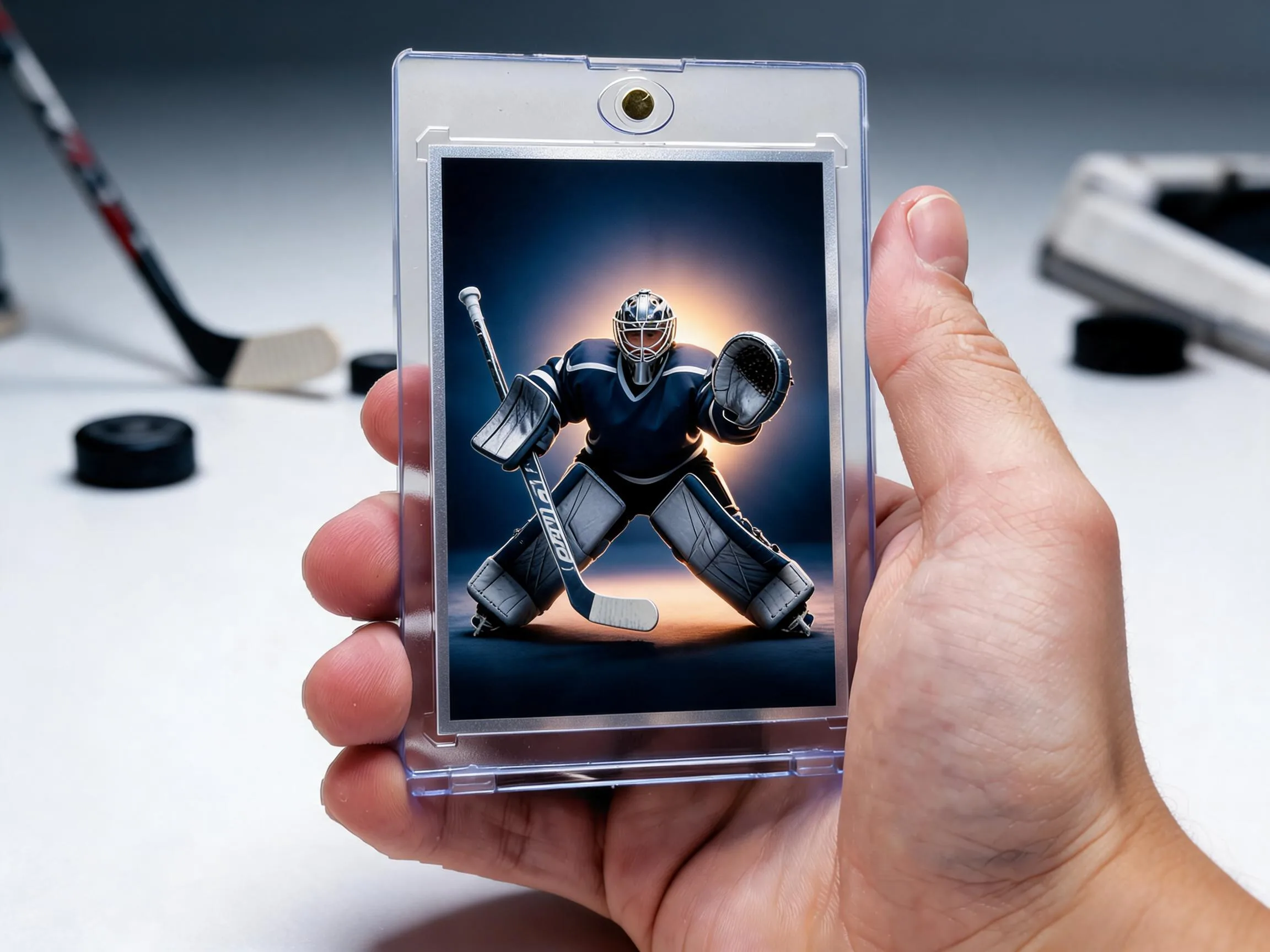 Custom hockey trading card in magnetic case with stadium-night goalie design on display.