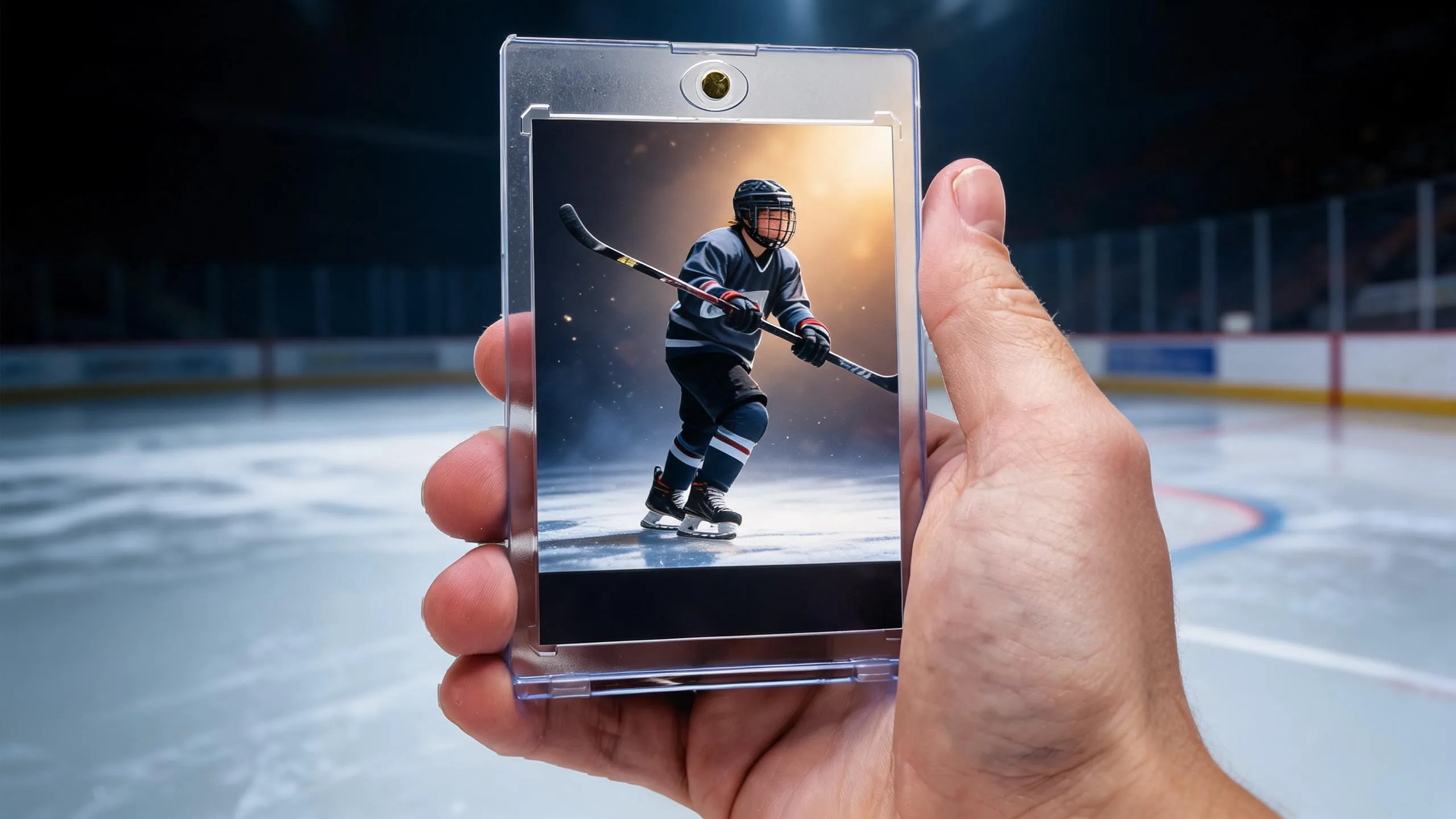 Magnetic case holding custom hockey card, golden light, for hockey tournament this weekend showcase.