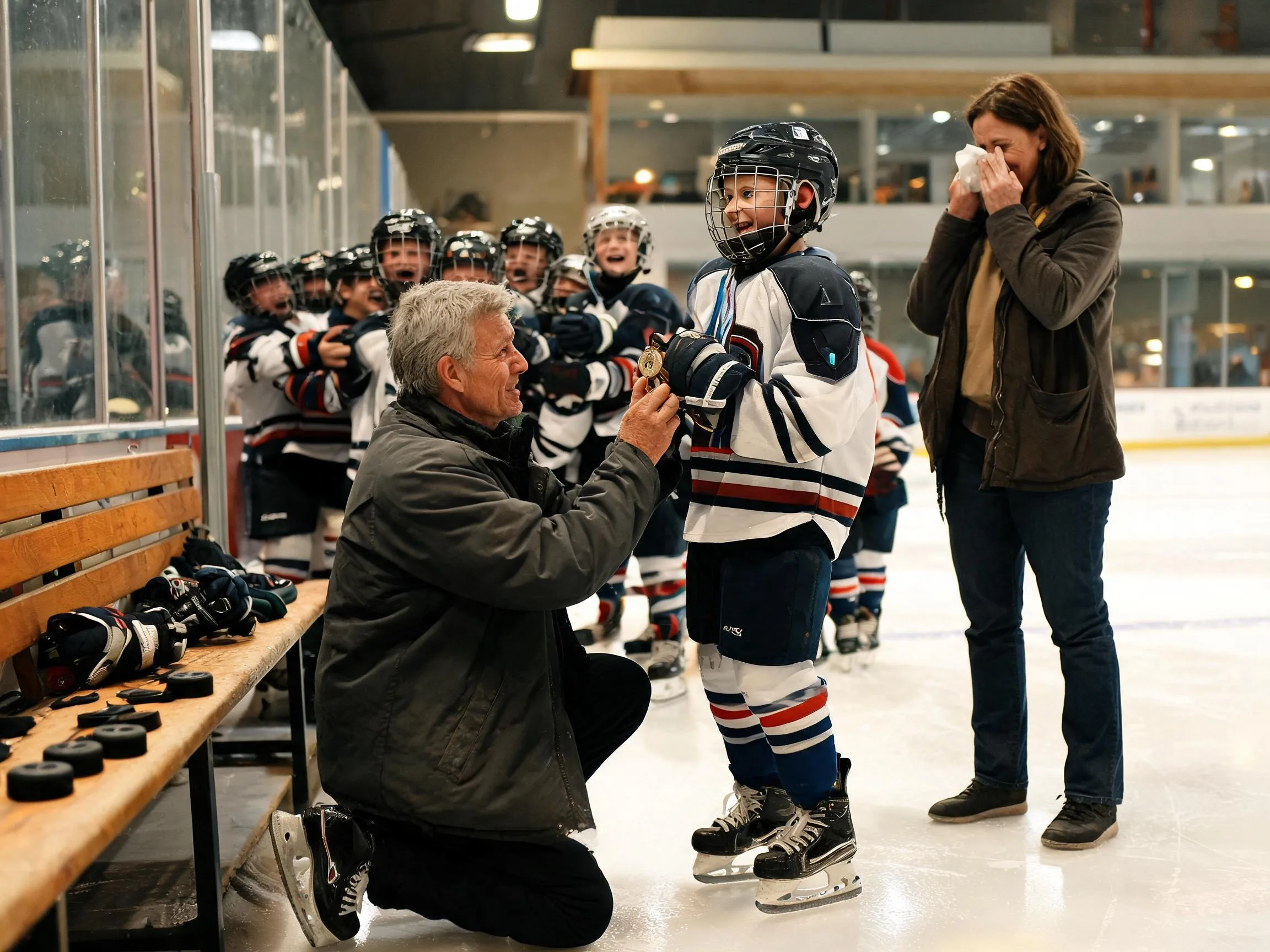 Coach and cheering teammates celebrate with young hockey player on bright arena ice.