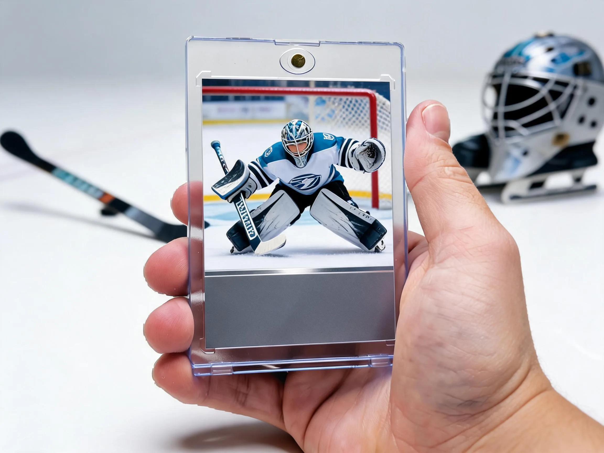 Custom hockey trading card in clear magnetic case on white tabletop display.