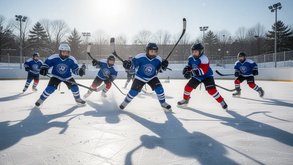 Young hockey players in action on outdoor ice rink during competitive match with winter sunlight