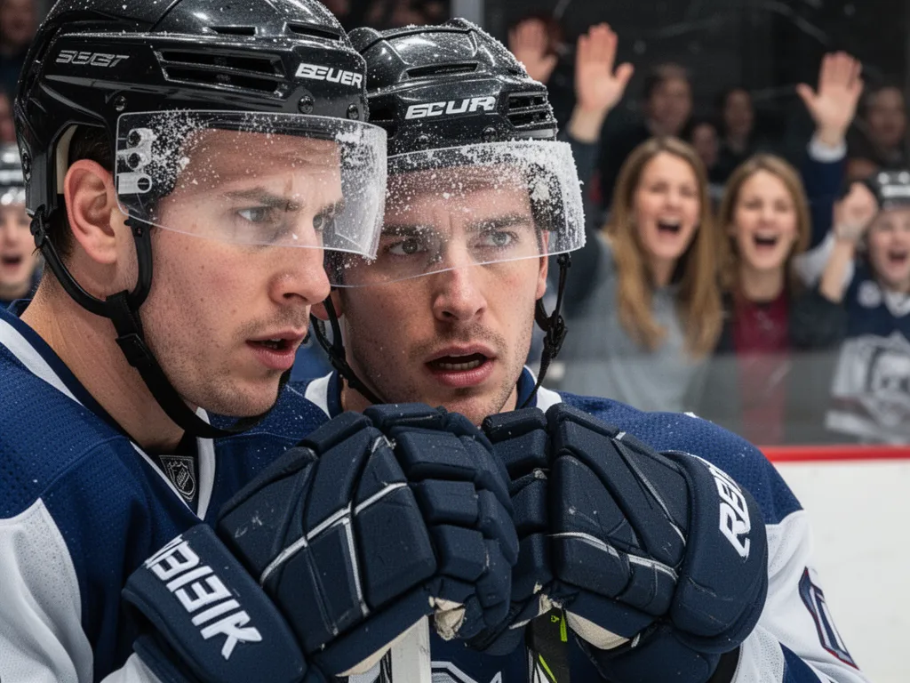 Young hockey player with determined expression holds stick while parents watch from sidelines