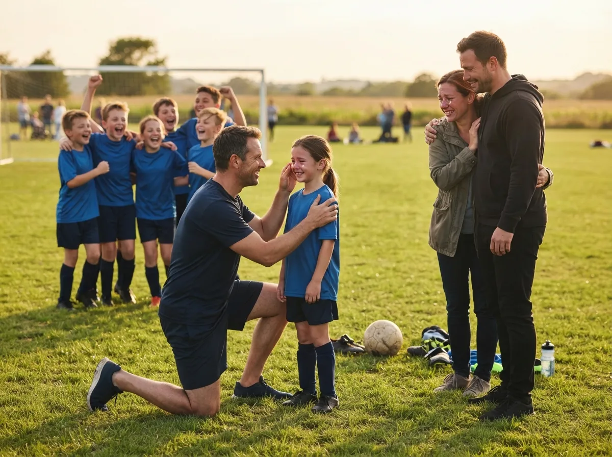 Coach and proud parents celebrate with young athlete on sunny field, teammates cheering behind them.