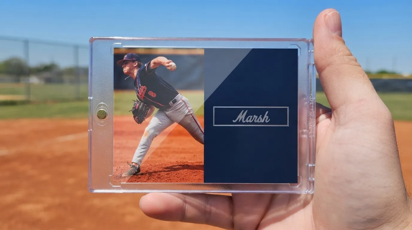 Hand holding magnetic case with hologram baseball cards featuring split-panel pitcher action card design.