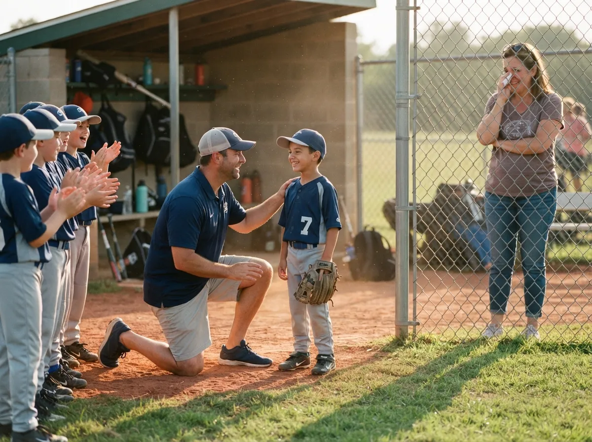 Coach and teammates celebrating with young baseball player near dugout as parent watches proudly.