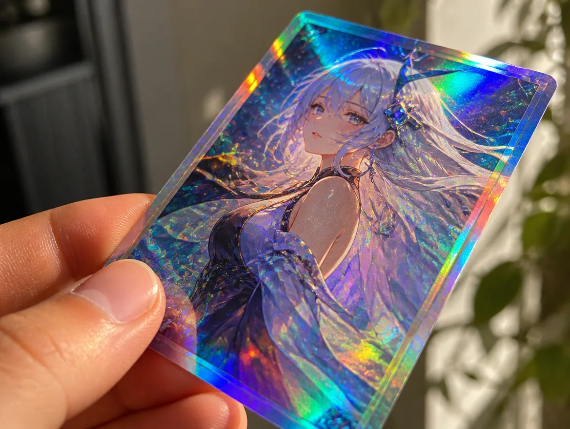 Hand tilting a rainbow hologram card to catch the light