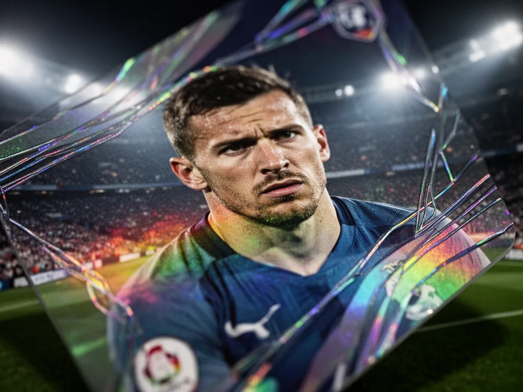 Hologram card surface detail with iridescent layers catching light and reflecting athlete's focused expression