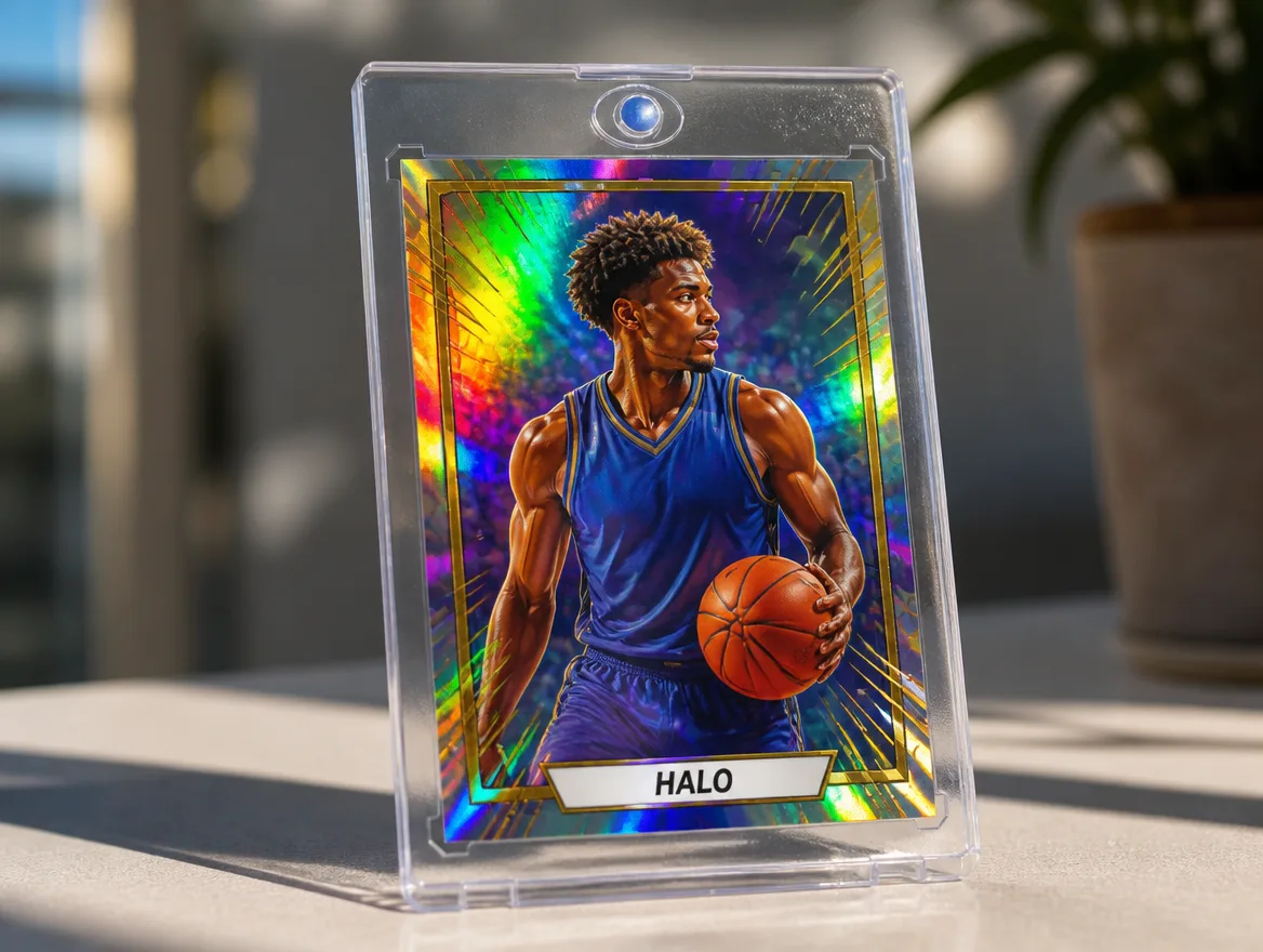 Rainbow holographic custom trading card standing in a clear magnetic case