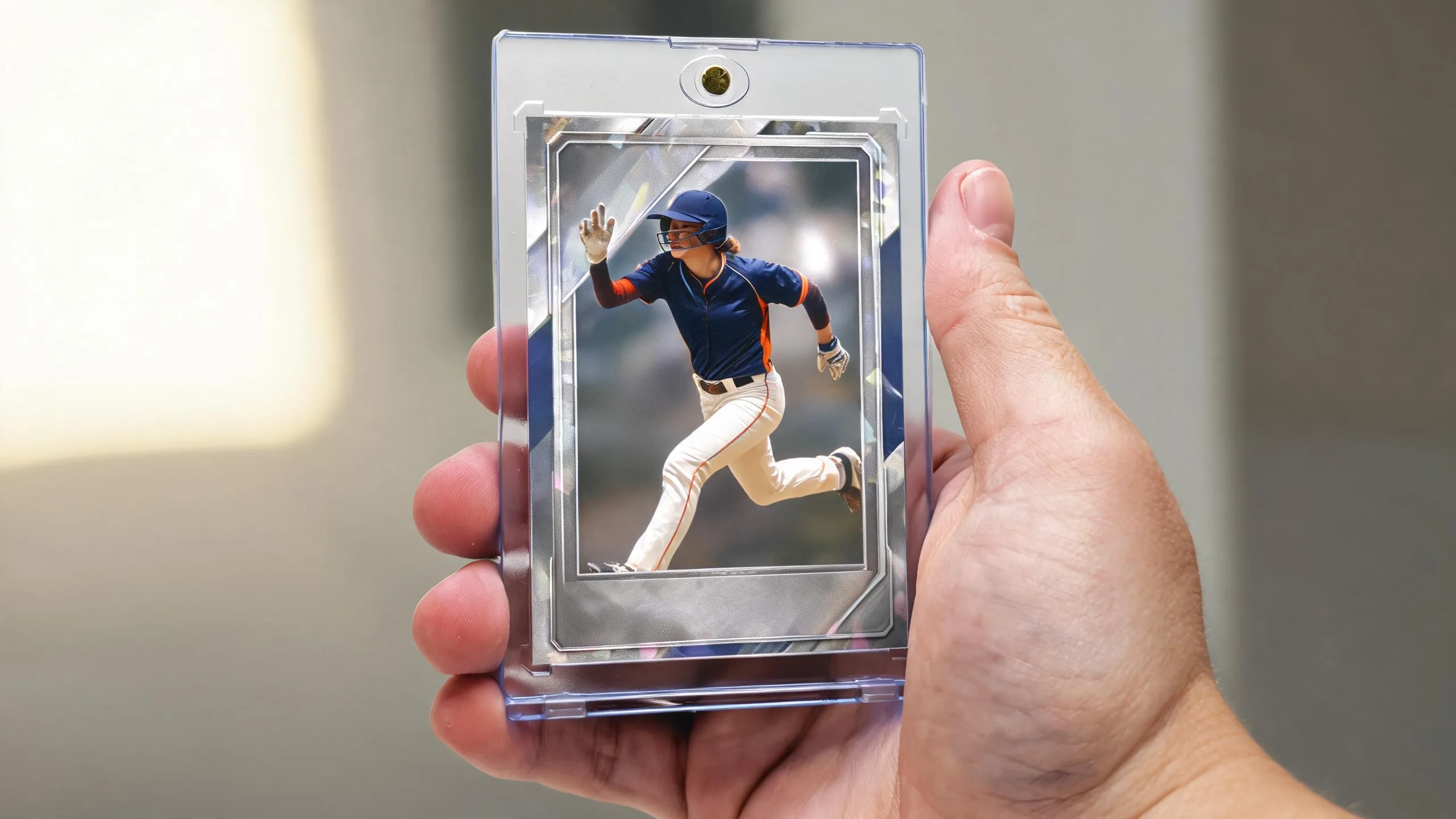 Hand holding magnetic case with foil trading card, exploring hologram cards how to make.