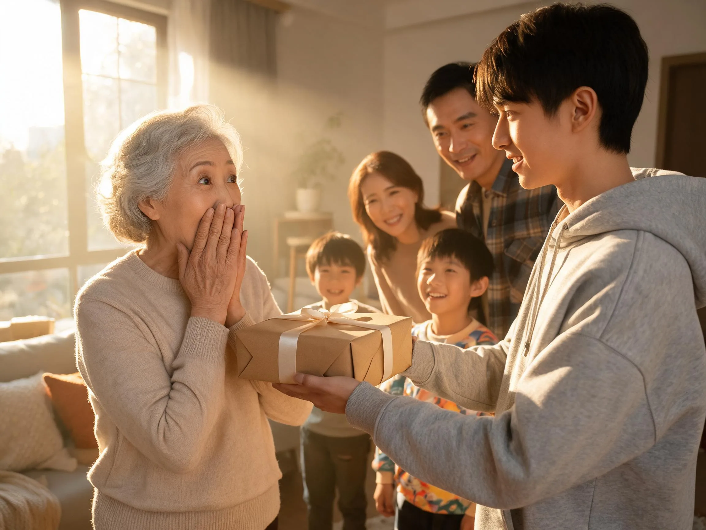 Family member reacts with joyful surprise while receiving an unexpected wrapped gift indoors.