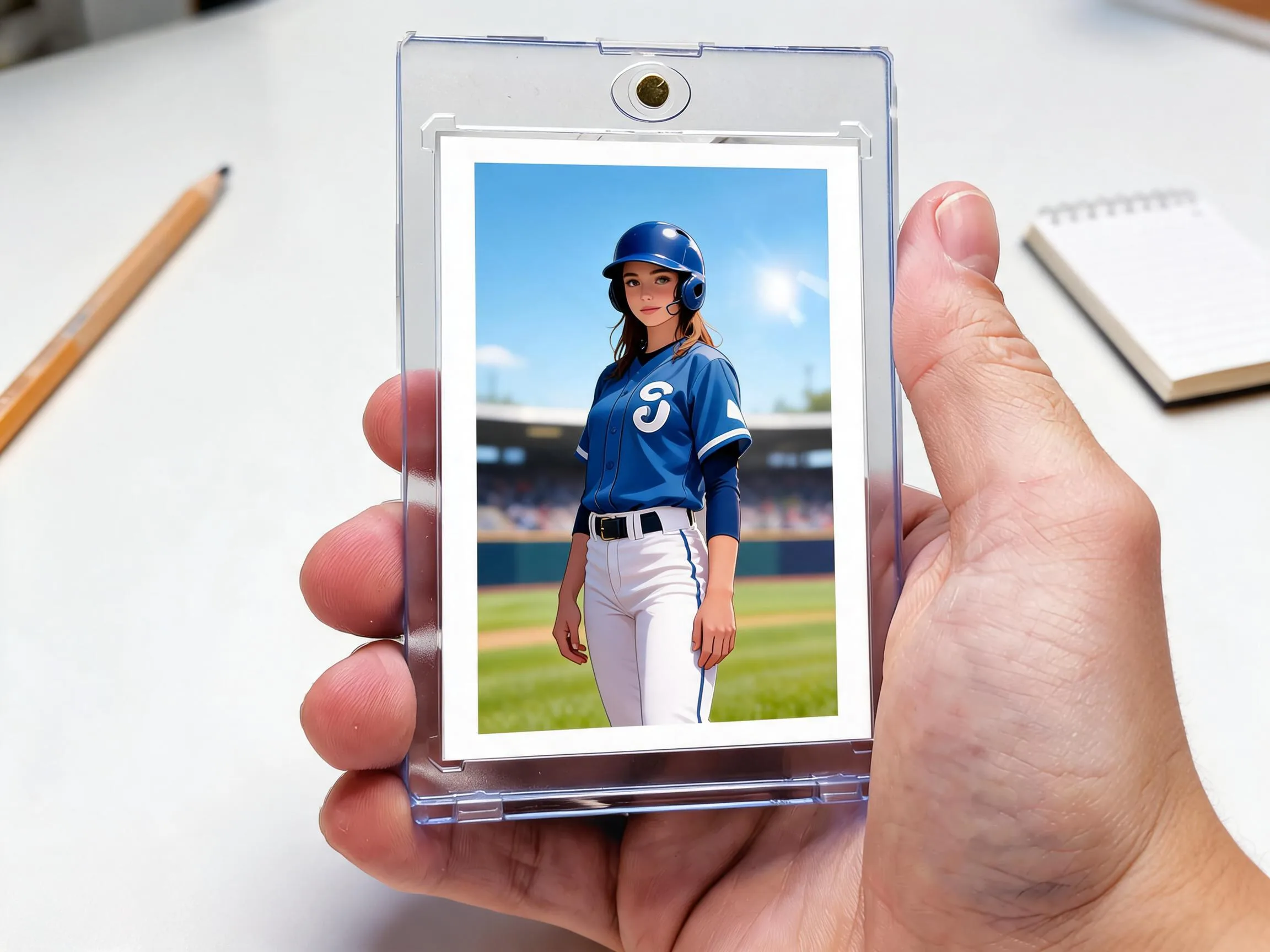 Magnetic case holding a custom keepsake trading card with glossy outdoor photo finish.