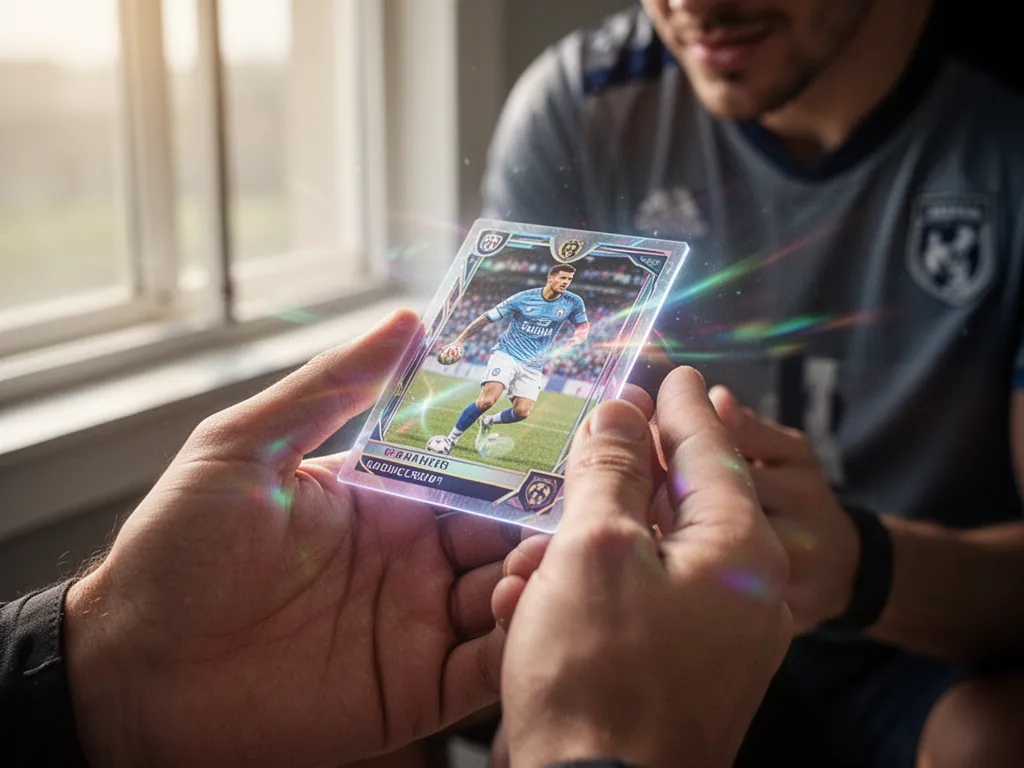 Athlete's hands carefully displaying holographic sports card with shimmering iridescent reflections and glowing effects