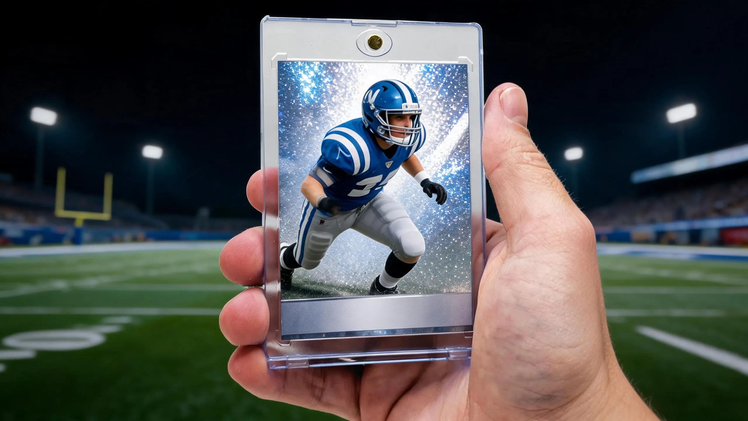 Hand holding magnetic case with hologram football cards player mid-tackle in silver-blue refractor design