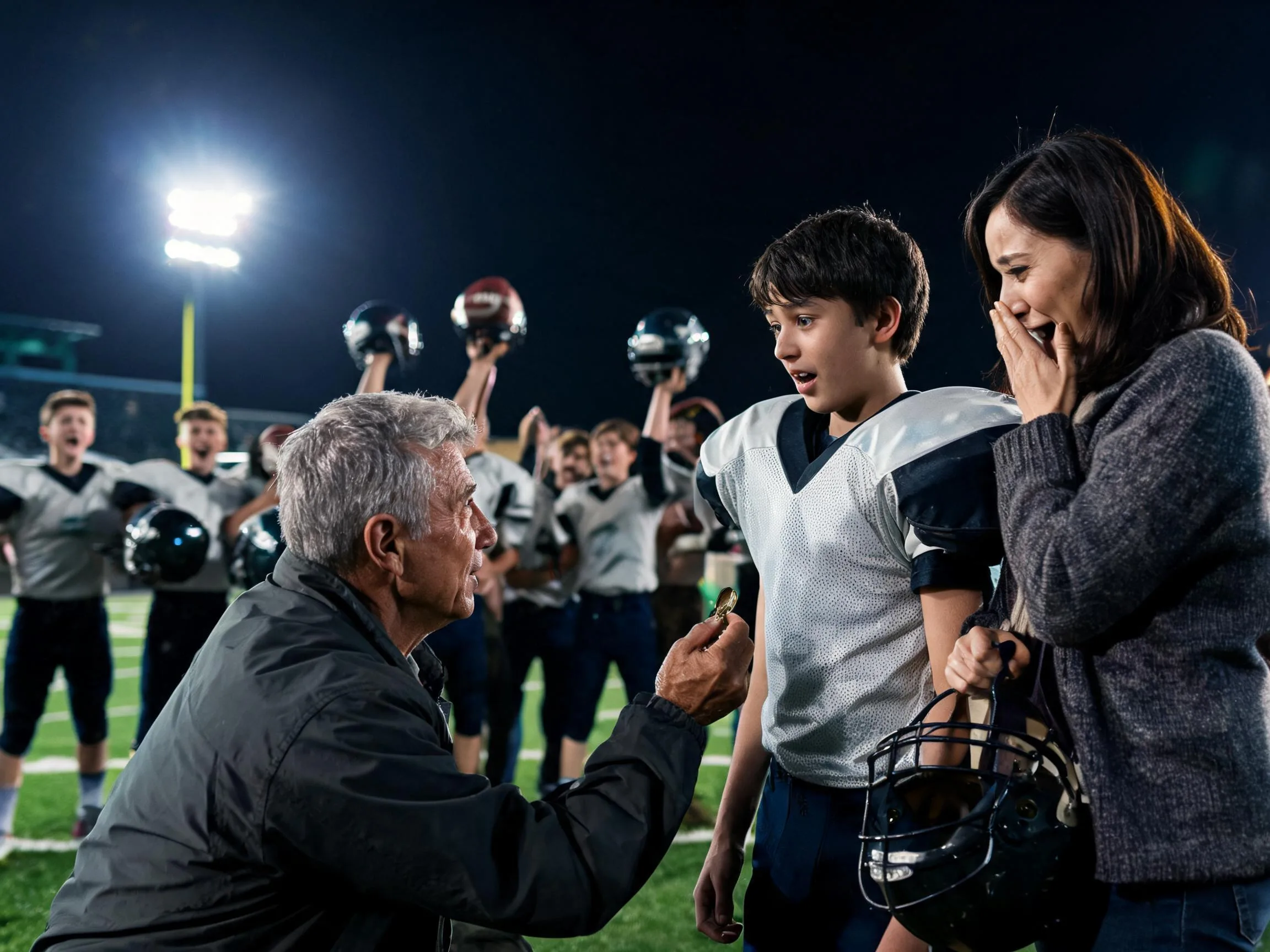 Coach and young football player share proud emotional moment under Friday night stadium lights