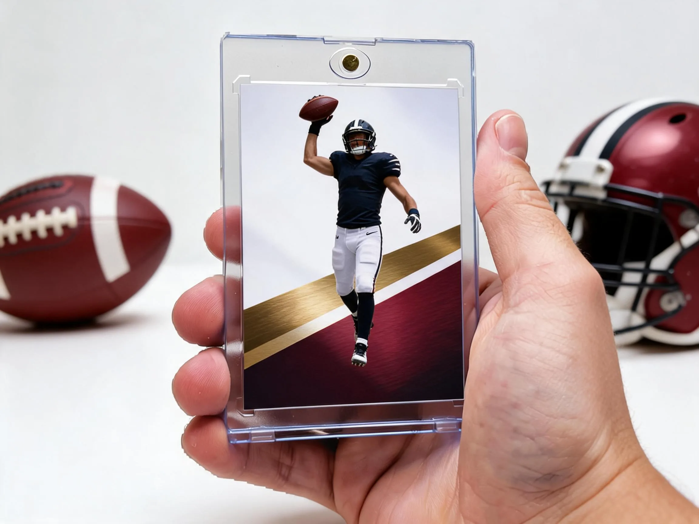 Custom football trading card in magnetic case showing receiver above a maroon gold metal band