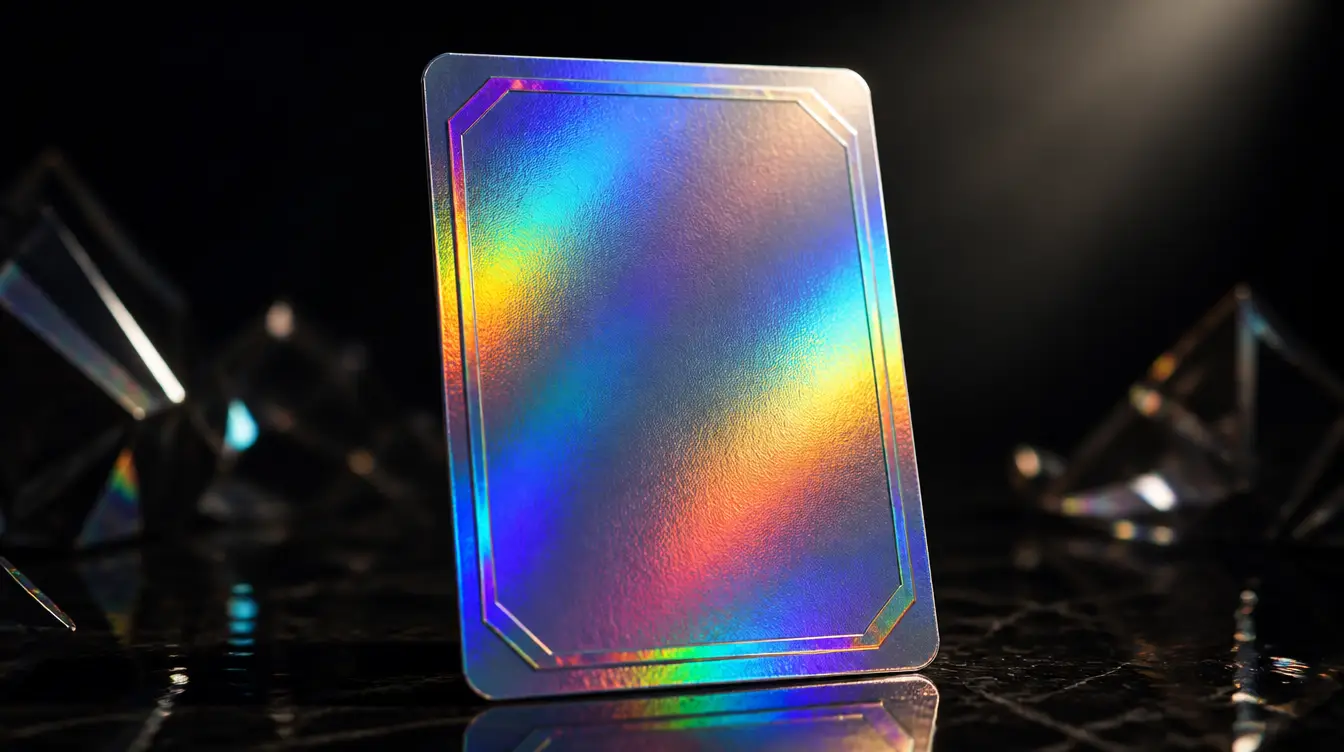 A blank holographic trading card catching rainbow light