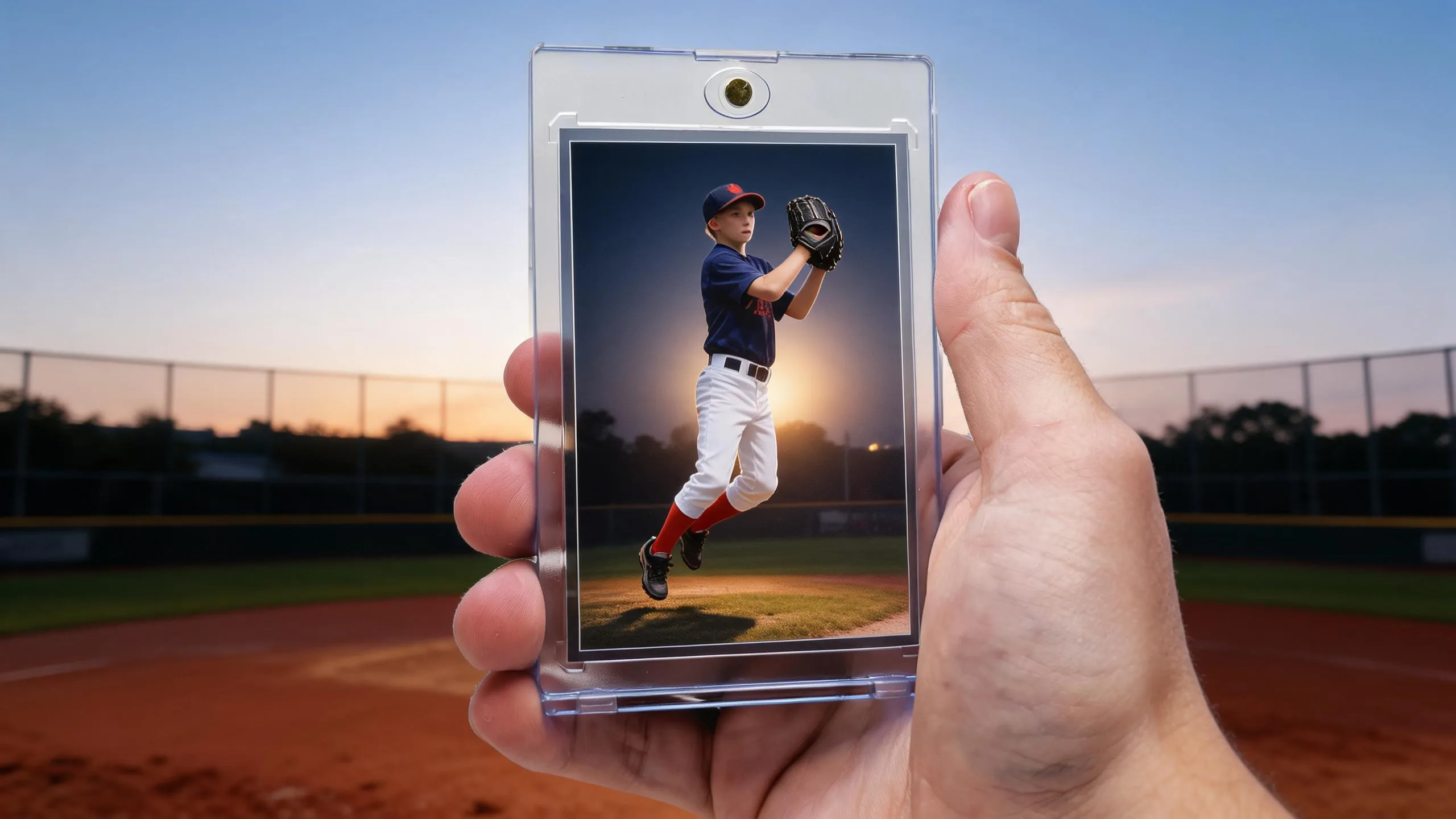 Hand holds magnetic case with holographic baseball card showing a leaping shortstop under stadium lights.