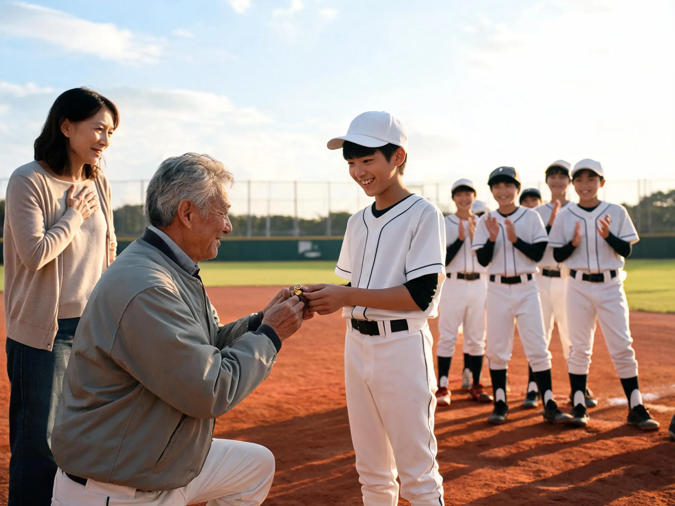 Coach shares proud moment with young athlete and cheering teammates on sunlit baseball diamond.