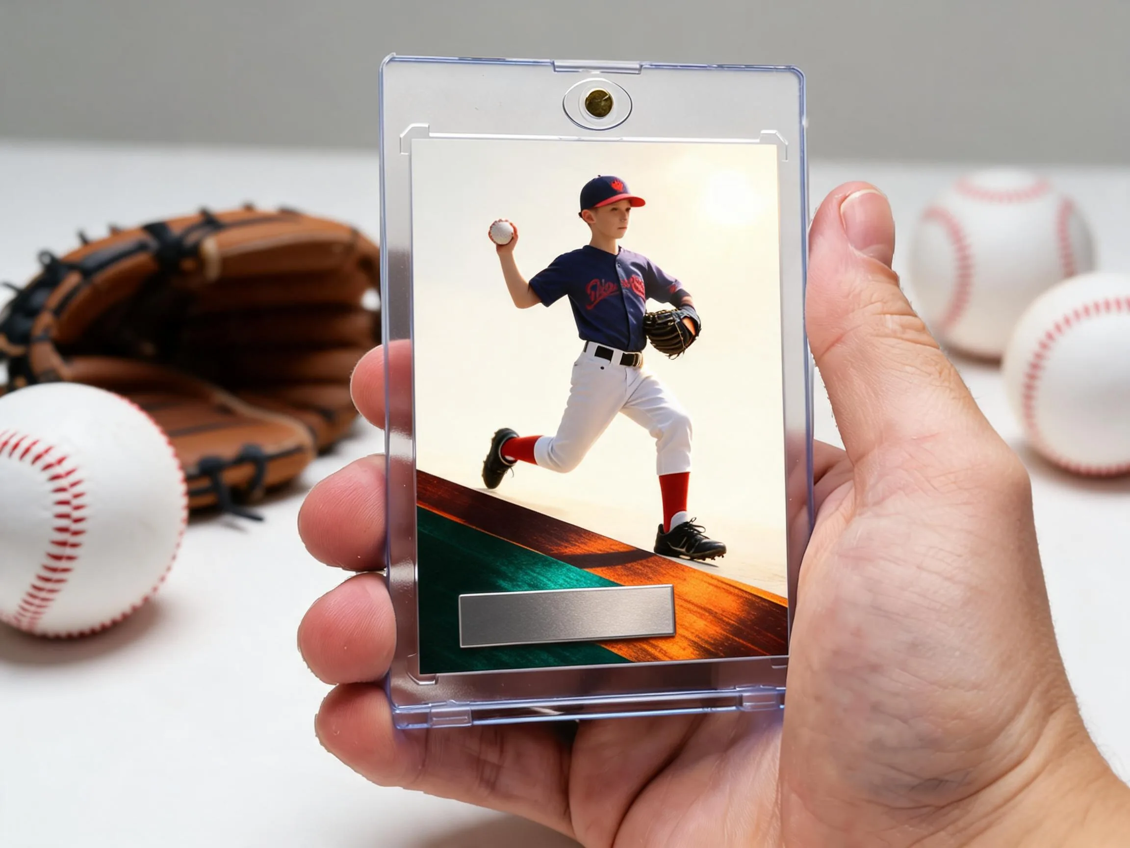 Custom holographic baseball trading card in magnetic case with diagonal green-orange band design.