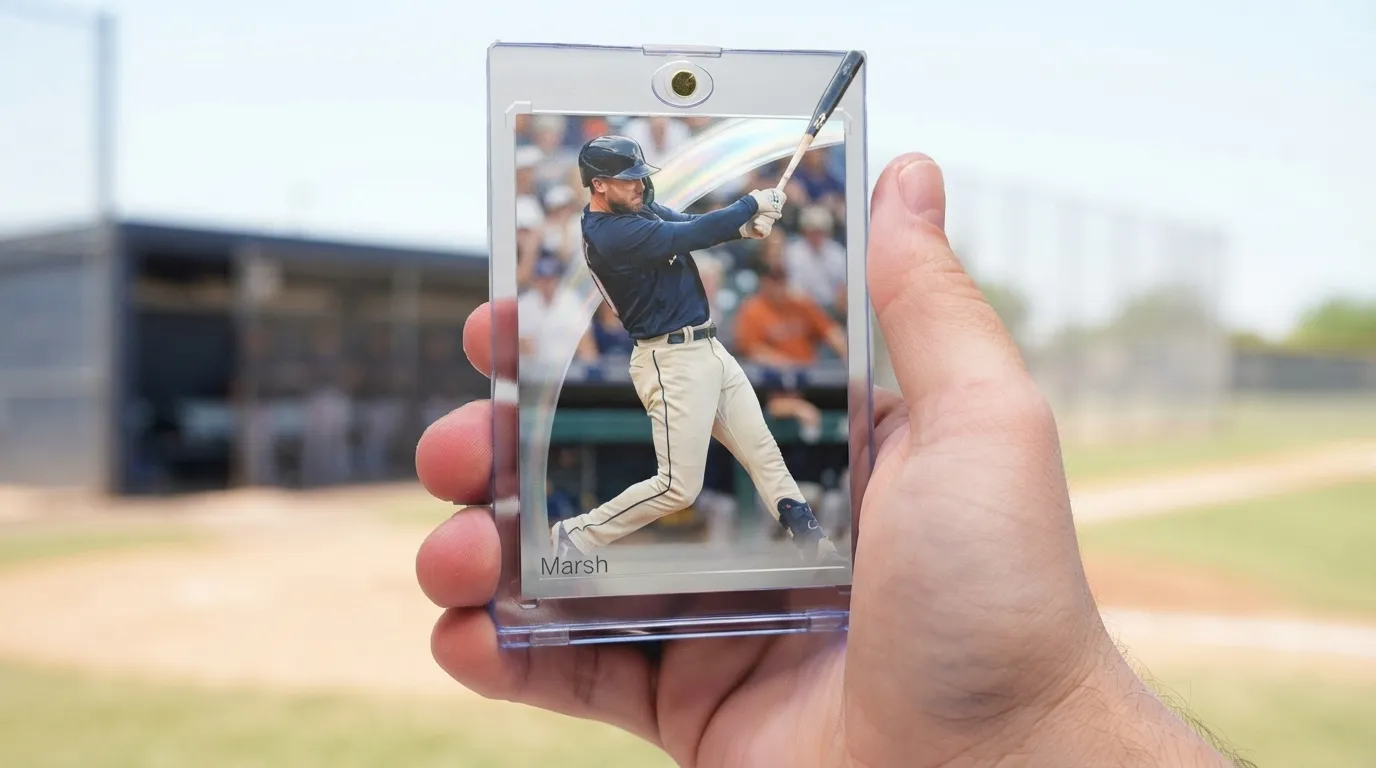 Hand holding magnetic case with holographic baseball card of batter breaking the card's top edge.