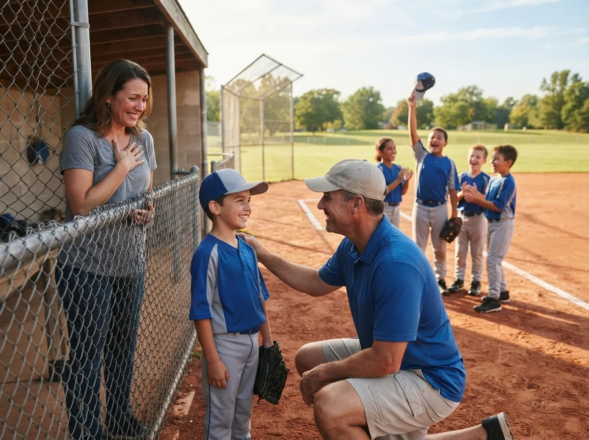 Coach and young baseball player share a proud, emotional moment on the field.