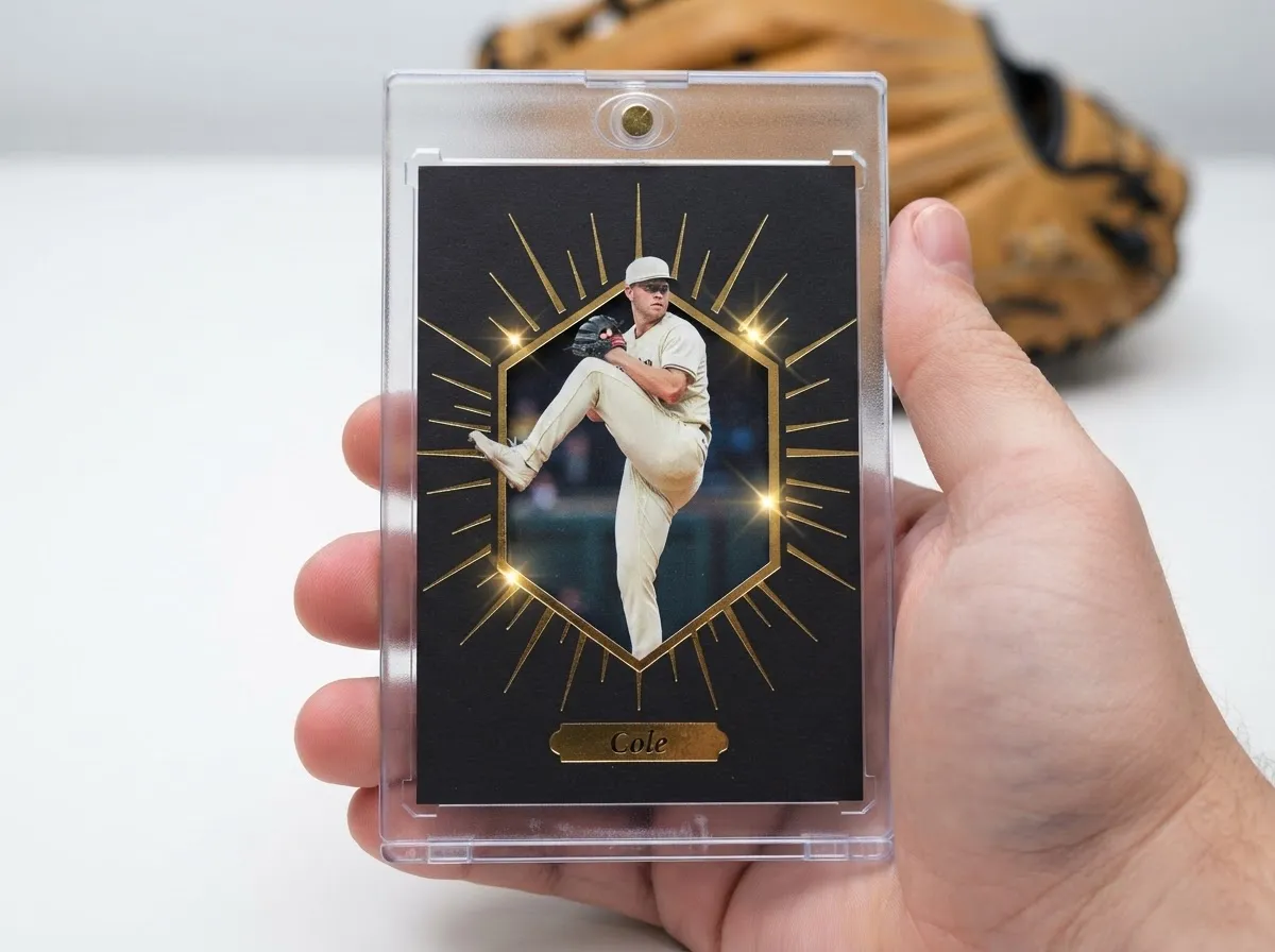 Custom baseball trading card with gold foil burst design in clear magnetic display case.
