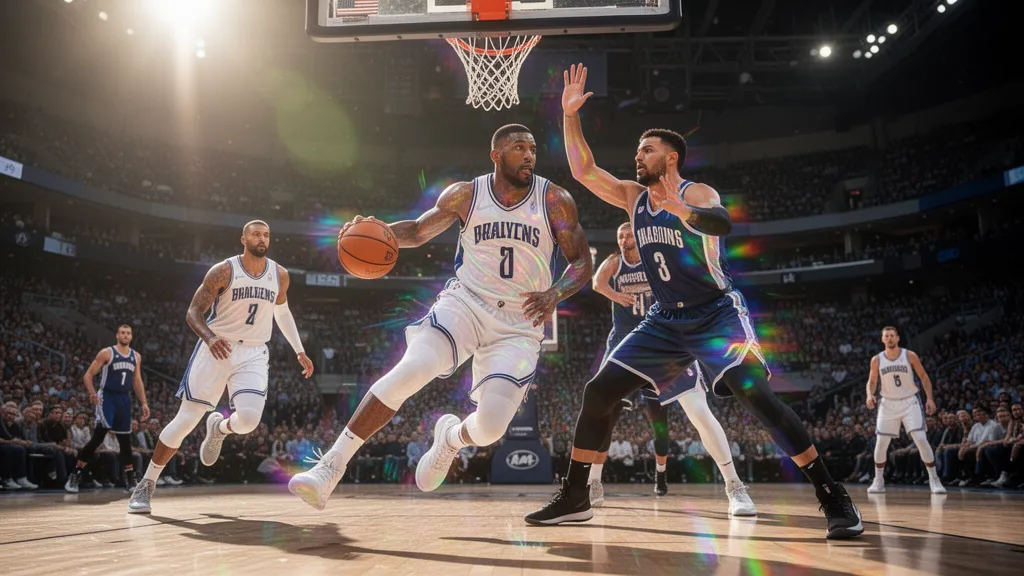 Basketball players in intense mid-game action with holographic rainbow light effects shimmering across their bodies and uniforms