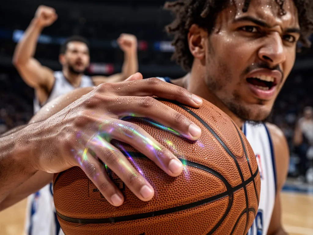 Basketball player's hand gripping ball with holographic light refracting, showing intensity and determination in close detail