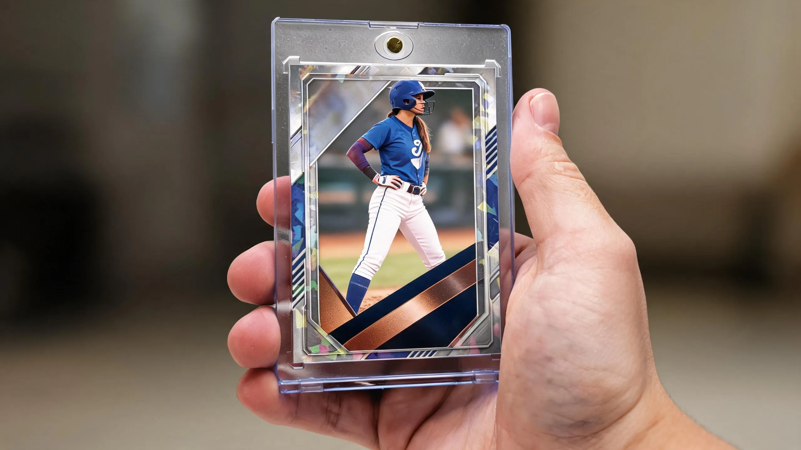 Hand holding holographic card maker's magnetic case with athlete card, diagonal metal band design.
