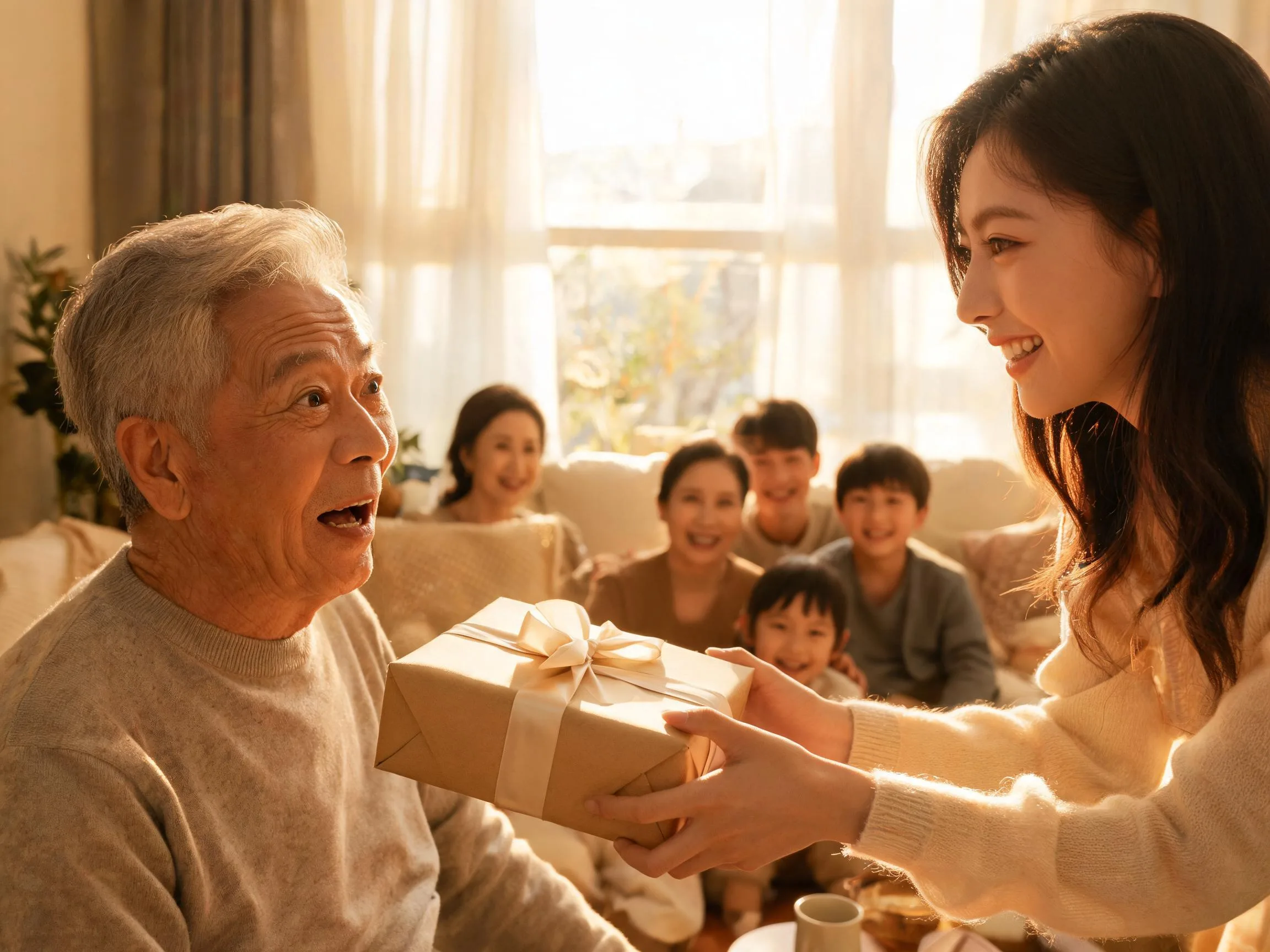 Older man reacts with surprise and joy receiving an unexpected gift indoors.