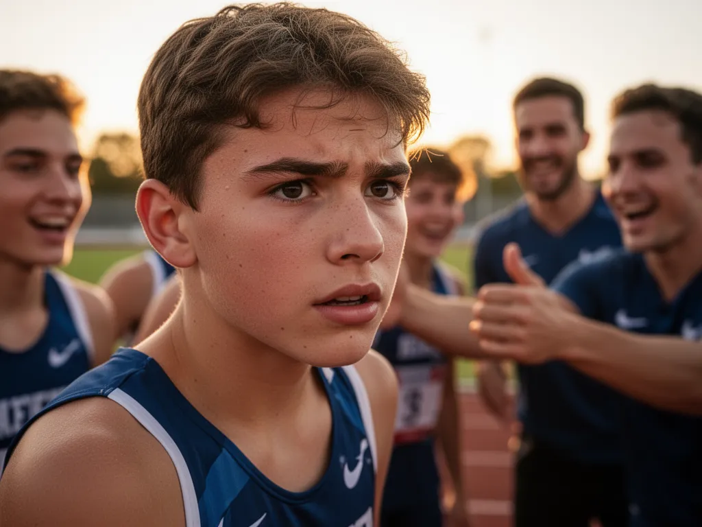 Young athlete's determined face during competition with supportive teammates visible in background