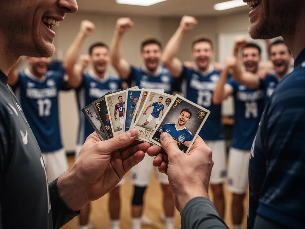 [Athlete's hands holding sports cards with teammates celebrating blurred in background]