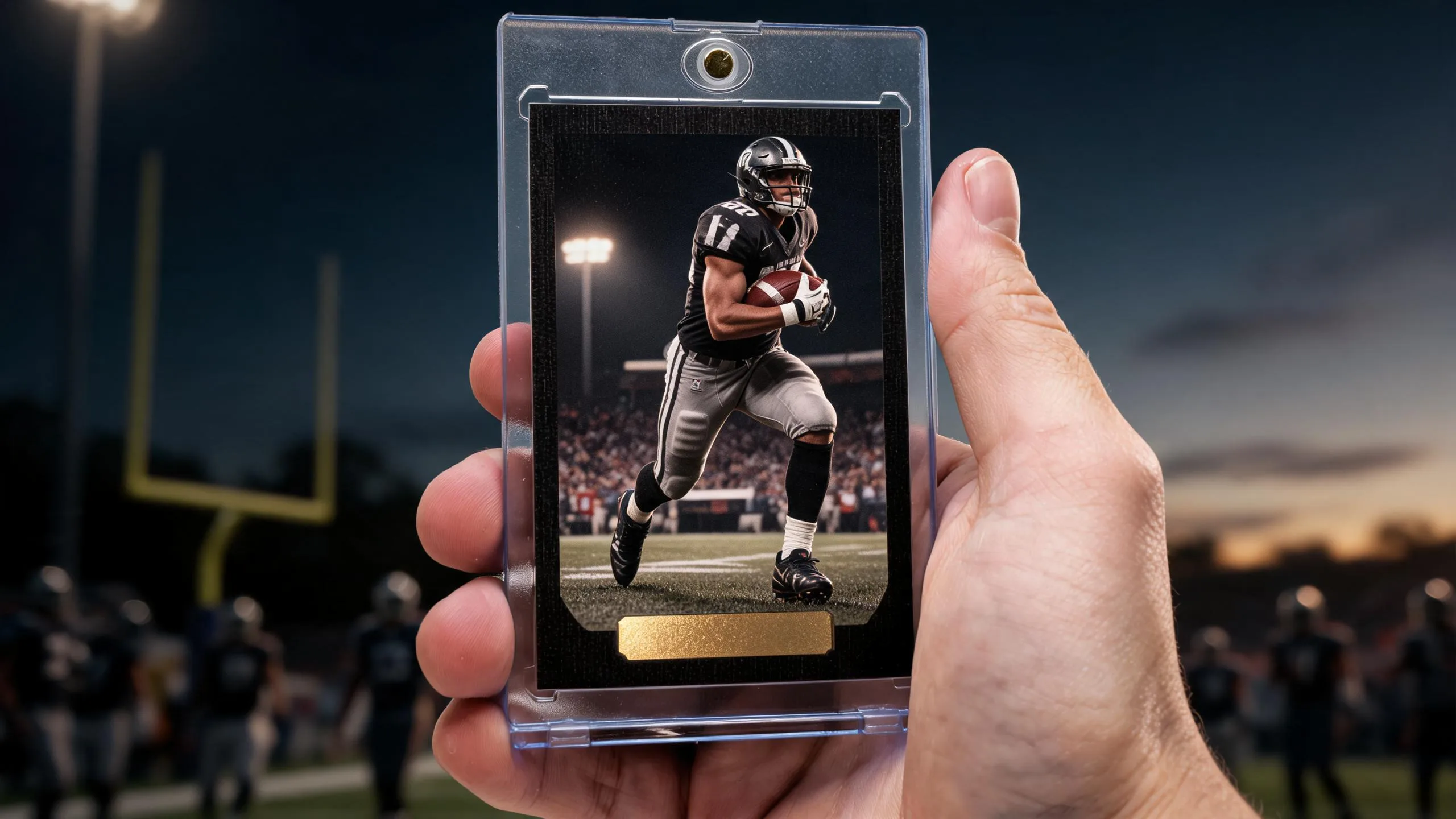 Hand holding holographic football cards in a magnetic case, foil running-back design under stadium lights.