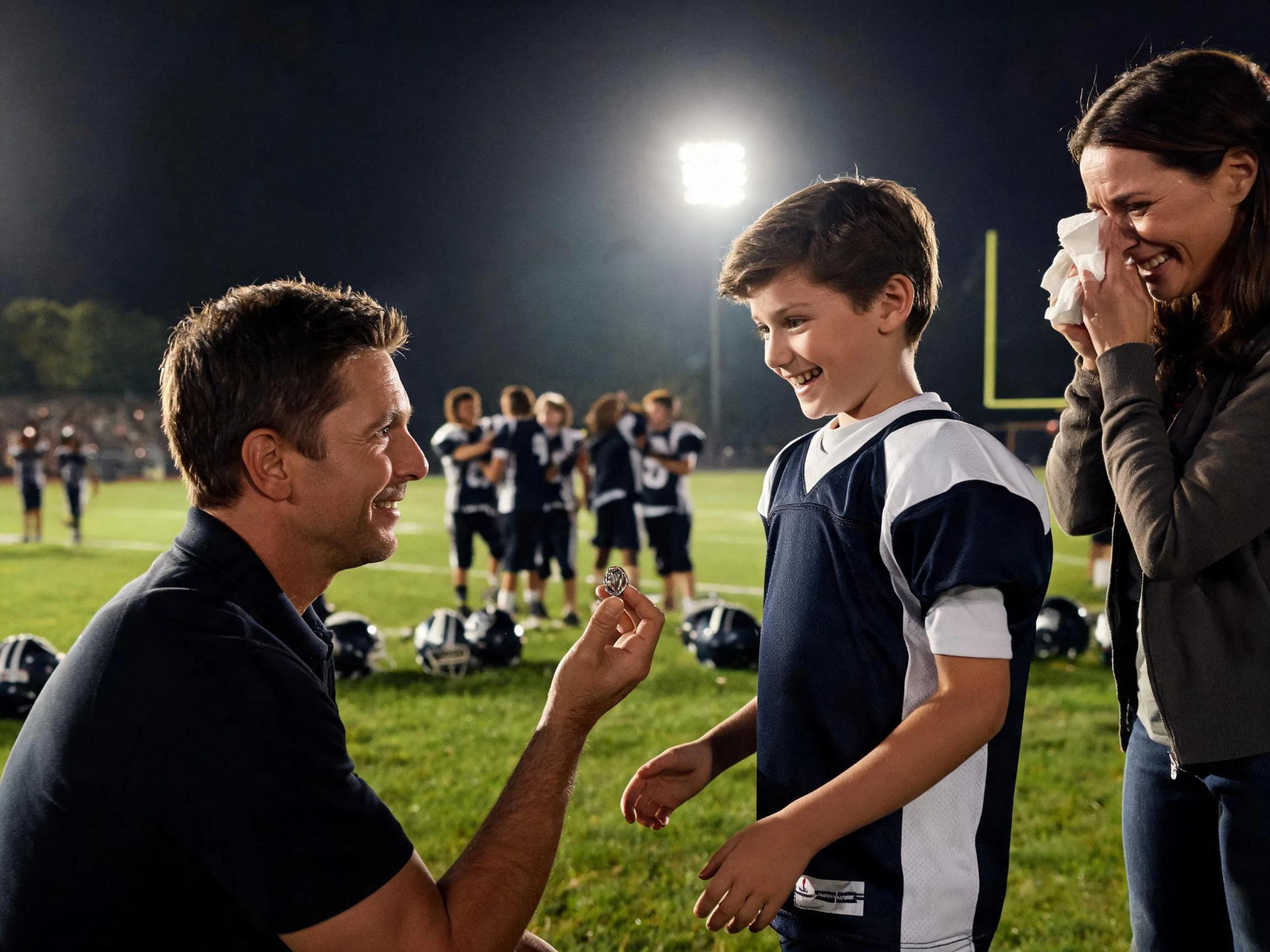 Coach and young athlete share a proud moment on a football field under stadium lights.
