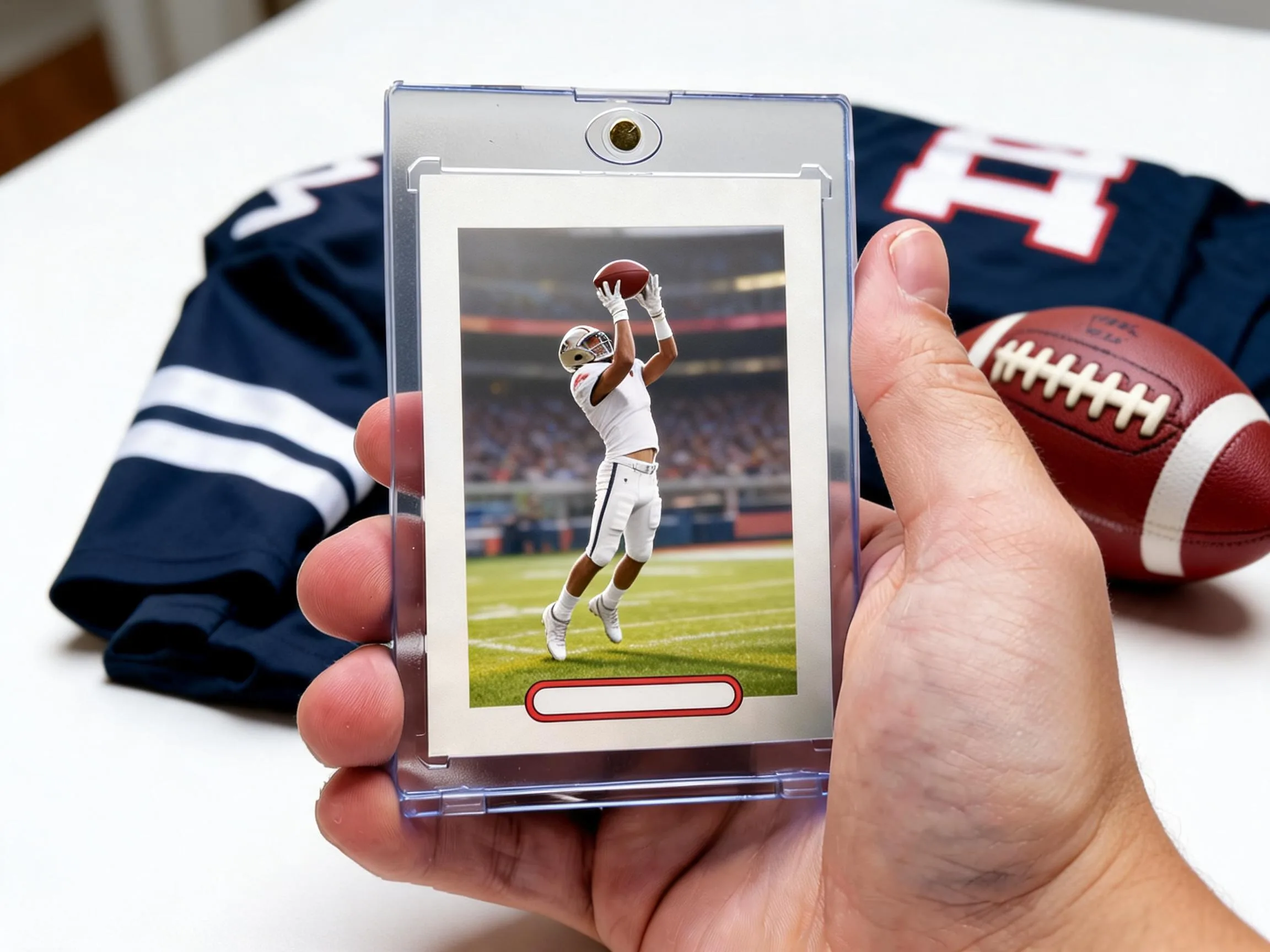 Custom football trading card in a clear magnetic case, receiver catch design on white tabletop.