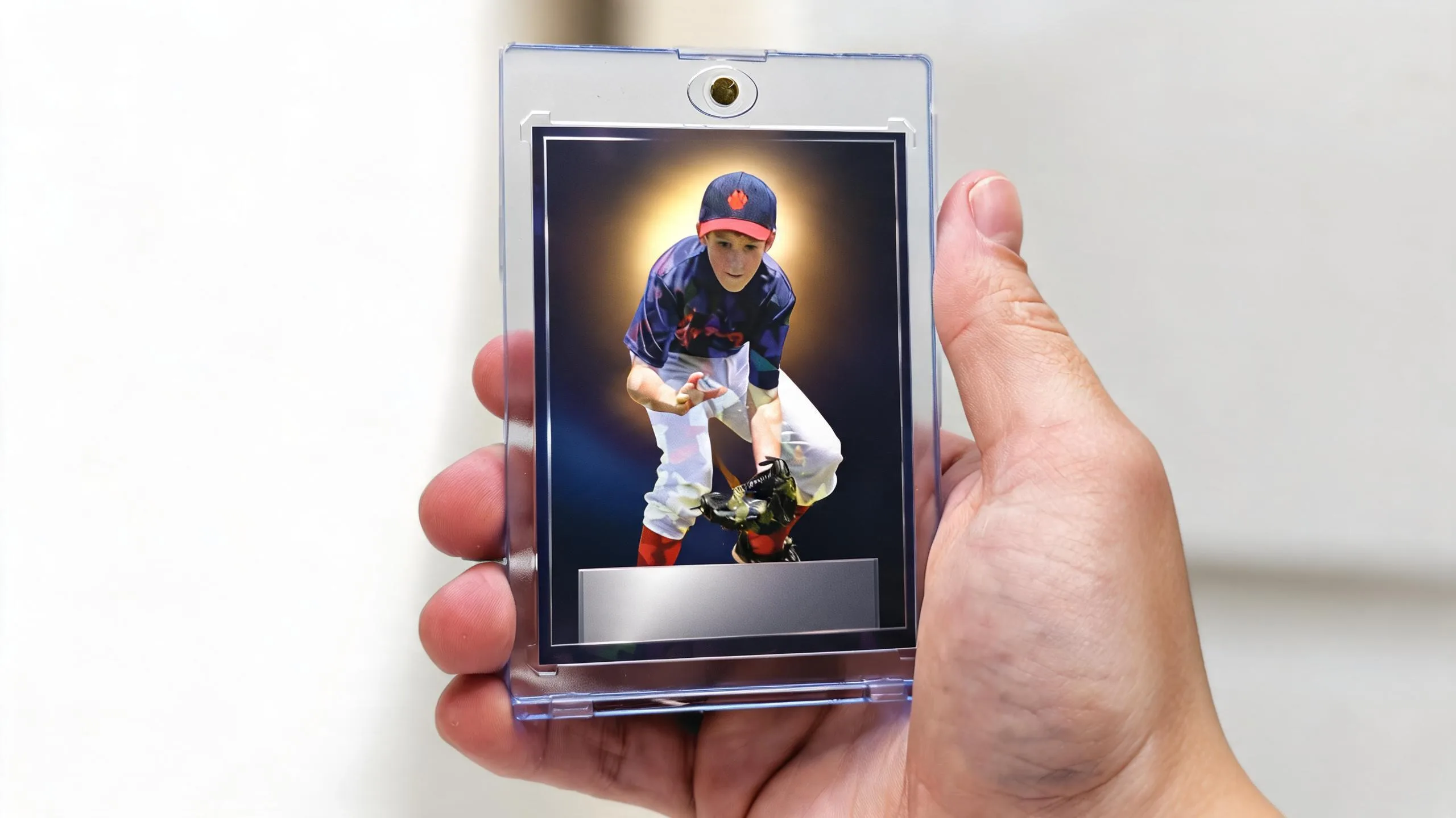 Hand holding holographic sports cards case with a glowing stadium-night athlete design.