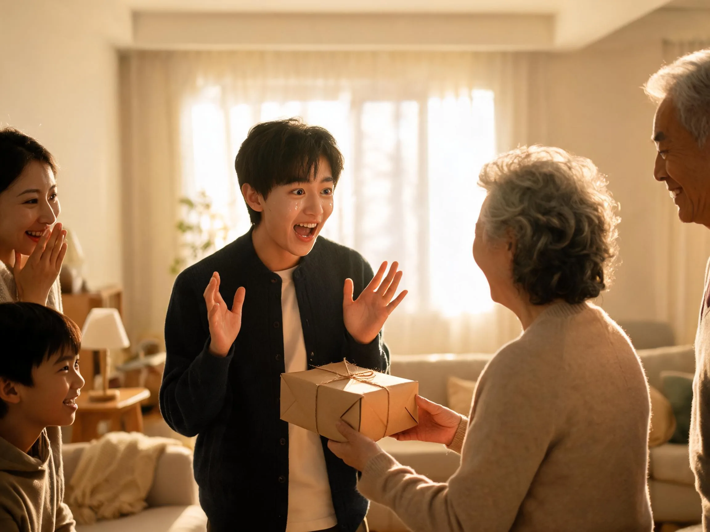 Teenager reacts with joyful surprise while being handed an unexpected gift indoors.