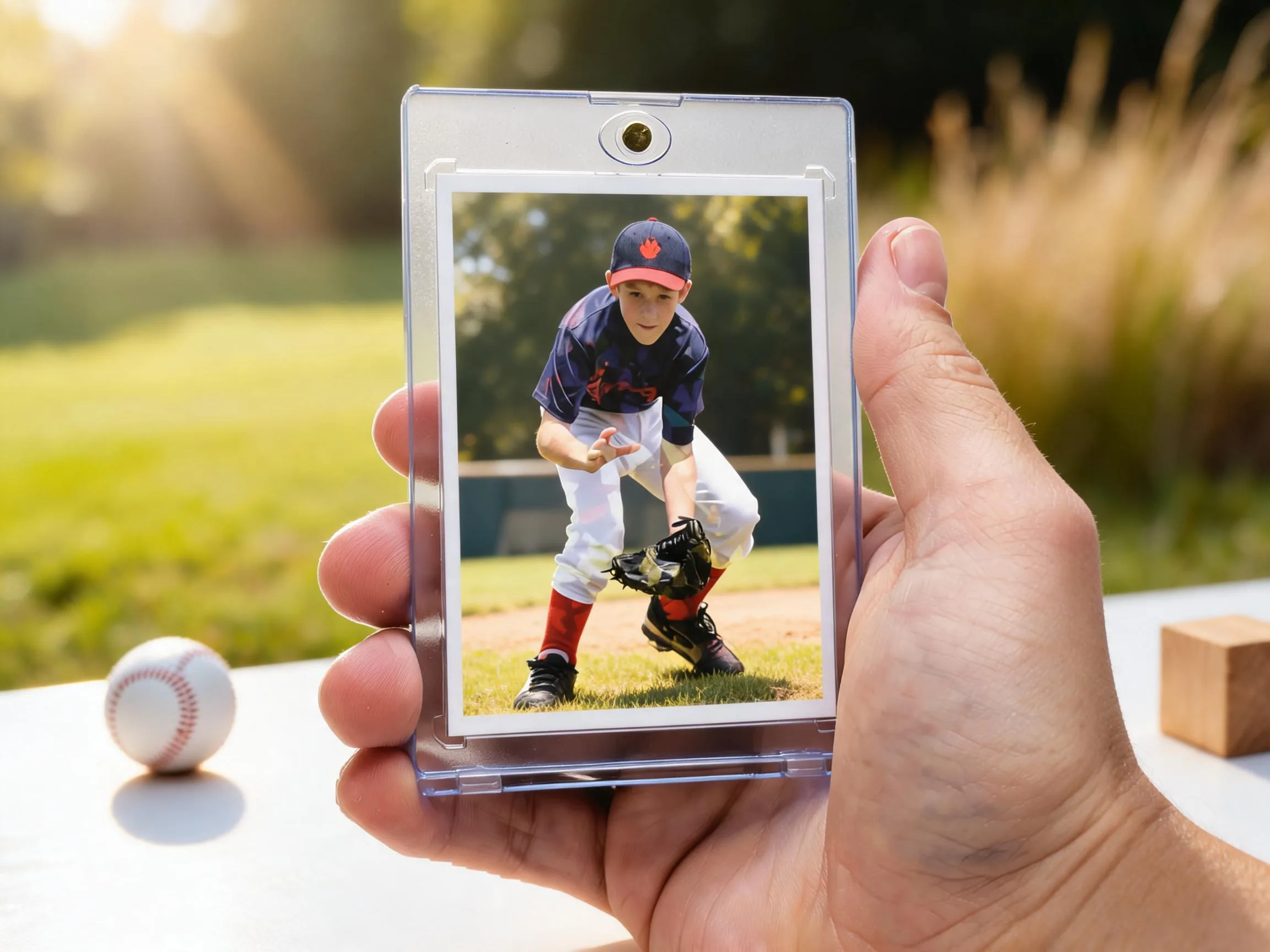 Custom keepsake trading card in a magnetic case, sunlit outdoor design, close-up product shot.