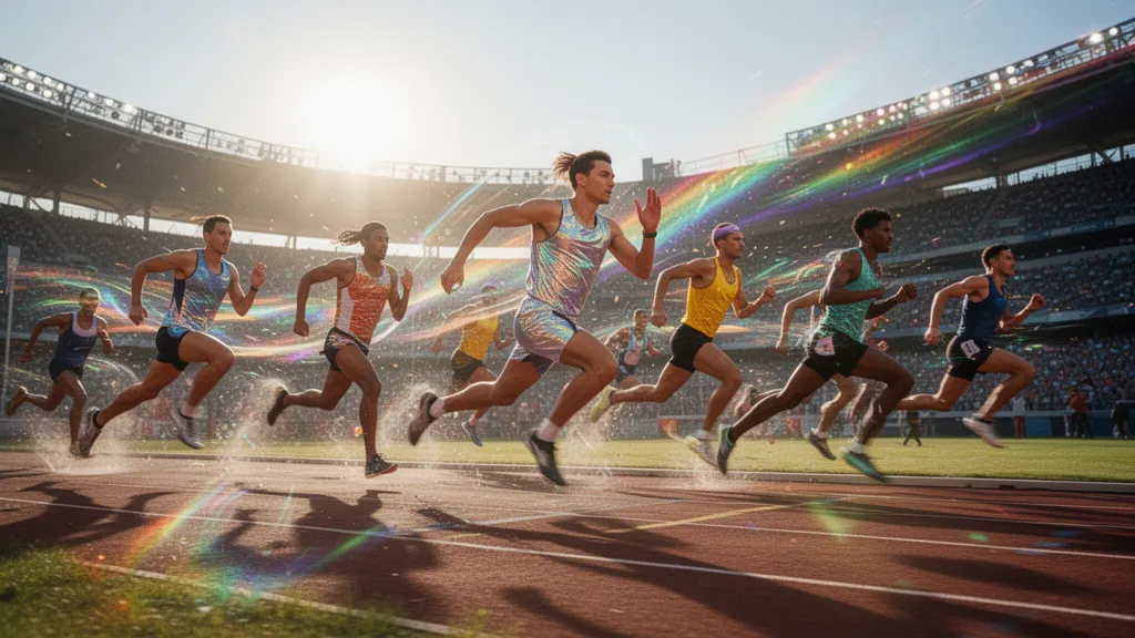 Athletes in motion outdoors with holographic light refractions creating dynamic rainbow effects across the scene