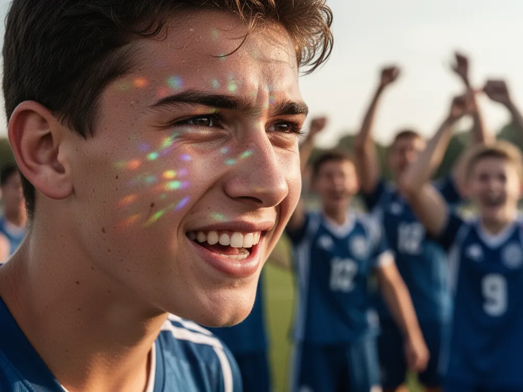 Young athlete's face glowing with holographic light reflections during moment of athletic achievement and celebration