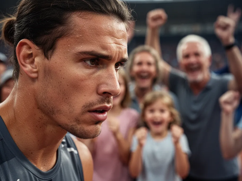 [Athlete's concentrated face during competition with proud family members blurred behind]