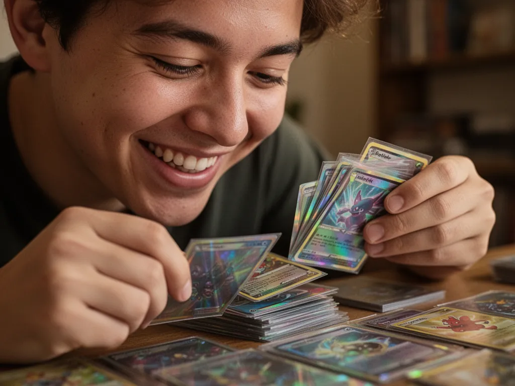 [Collector's focused expression while carefully organizing custom holographic Pokemon cards for homemade packs]